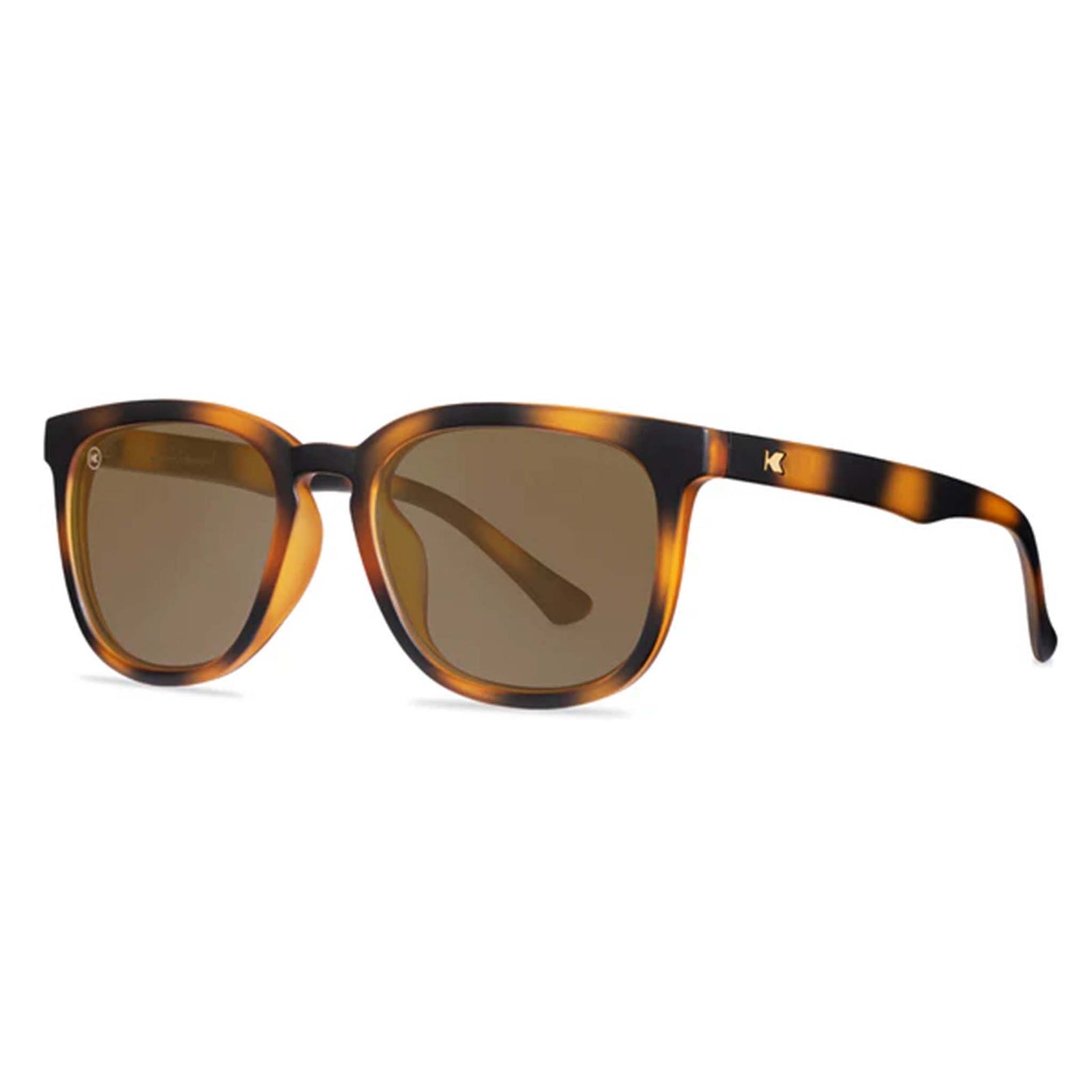 Sunglasses with tortoiseshell frame and brown lenses on a white background