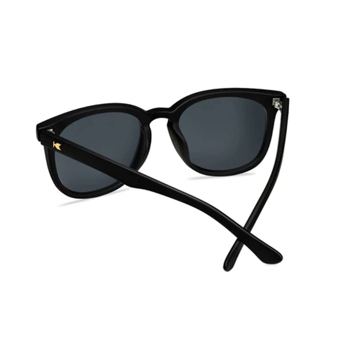 Black sunglasses with dark lenses on a white background
