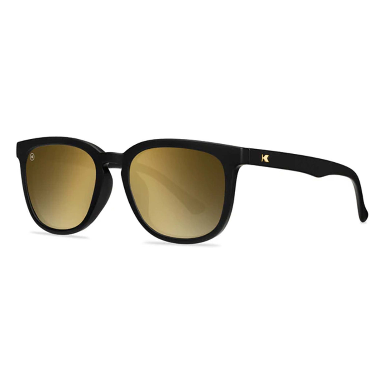 Black sunglasses with gold gradient lenses on a white background