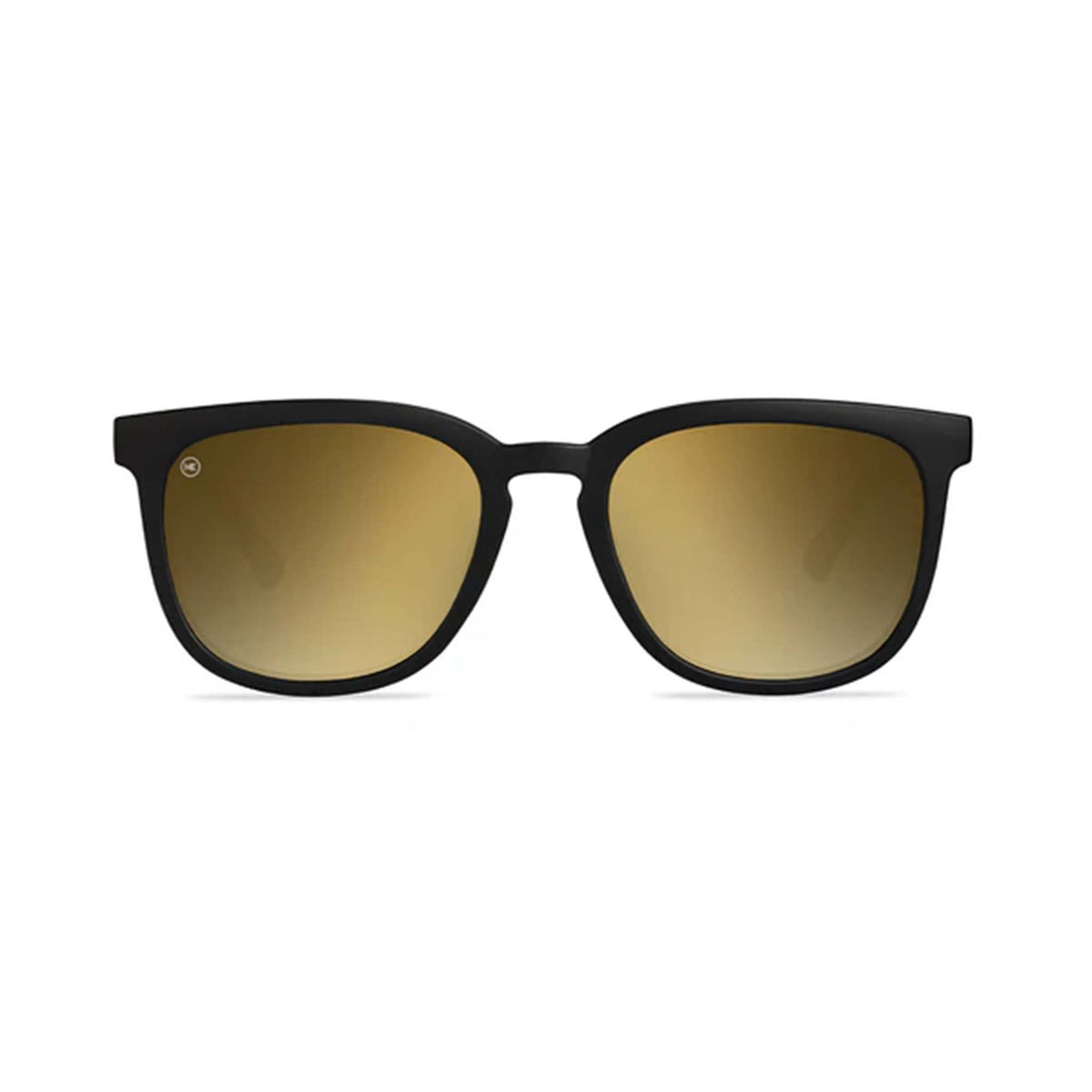 Black-framed sunglasses with gold-tinted lenses on a white background
