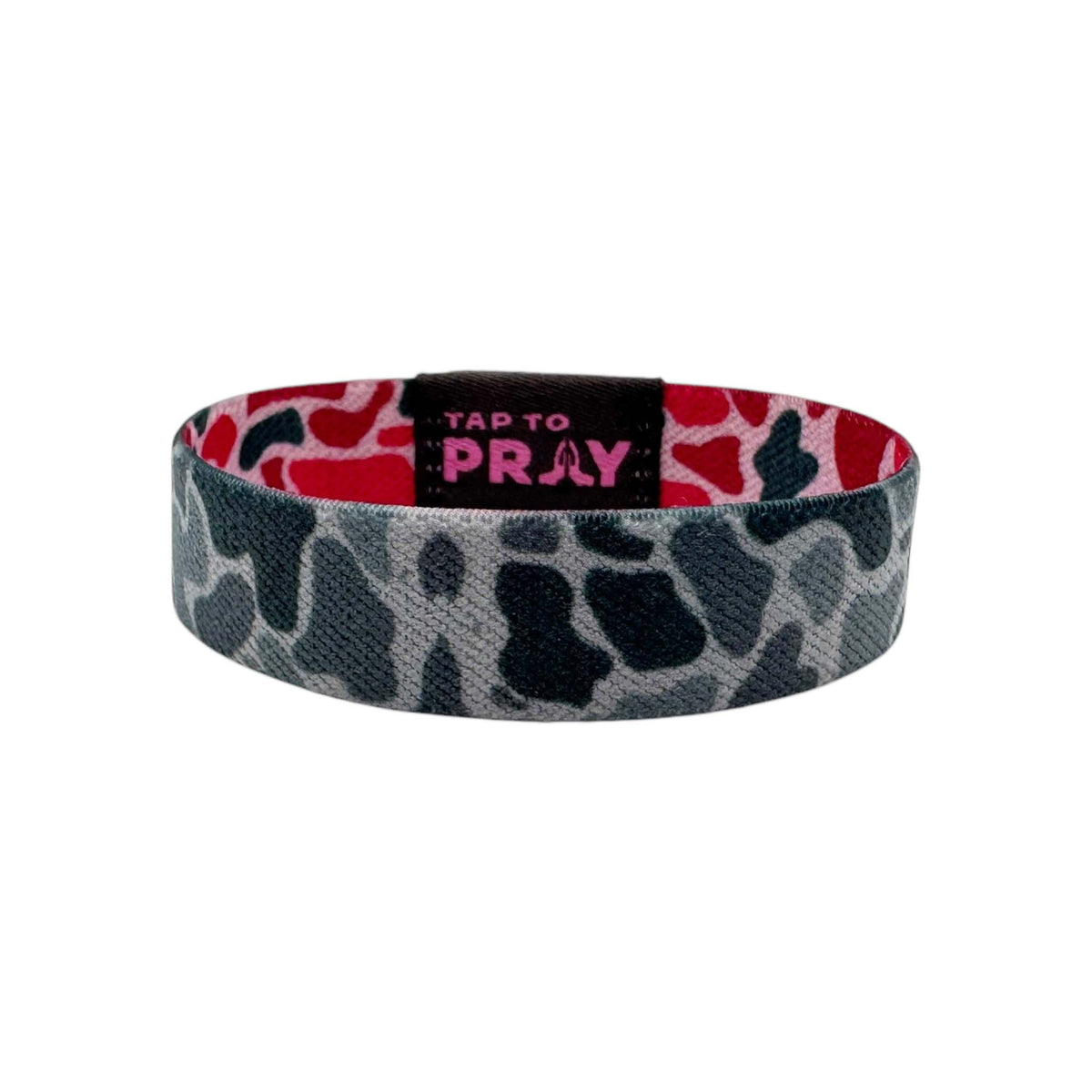 Bracelet with camouflage pattern and 'Tap to Pray' text on a white background