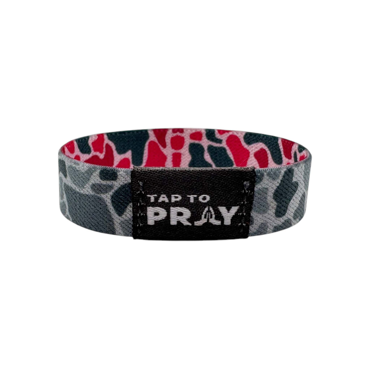 Wristband with 'Tap to Pray' text on a white background