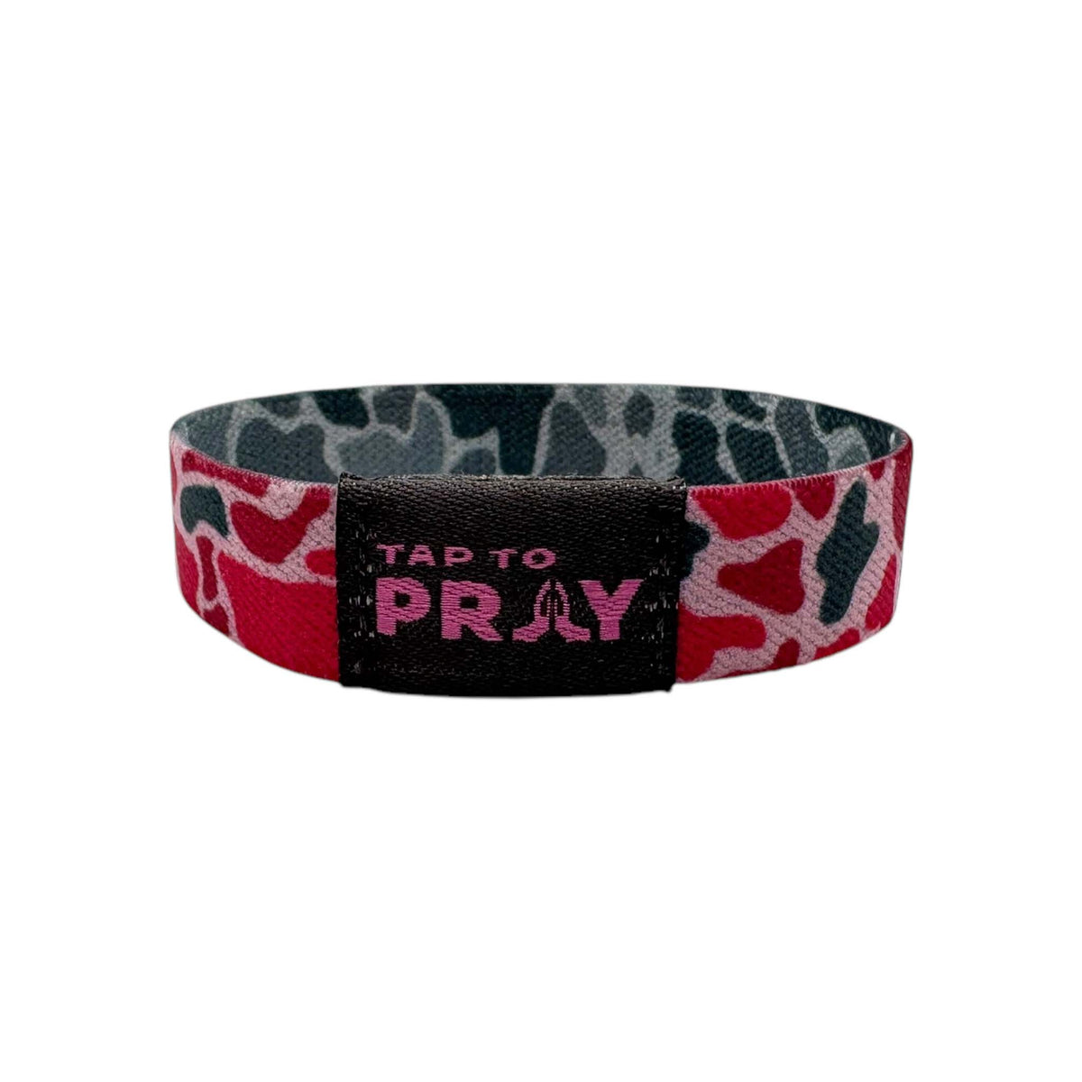 Wristband with 'Tap to Pray' text on a camouflage patterned background