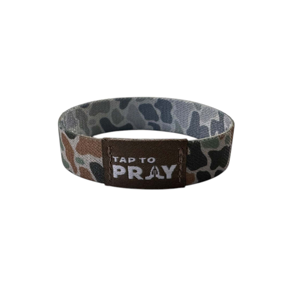 Camouflage-patterned wristband with 'Tap to Pray' text on a white background