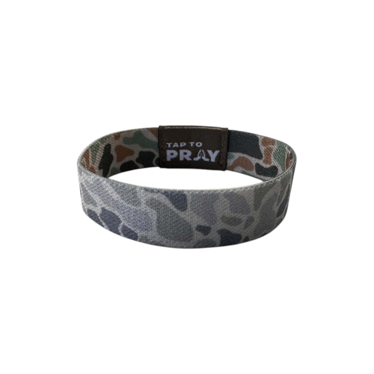 Wristband with camouflage pattern and 'Tap to Pray' text on a white background