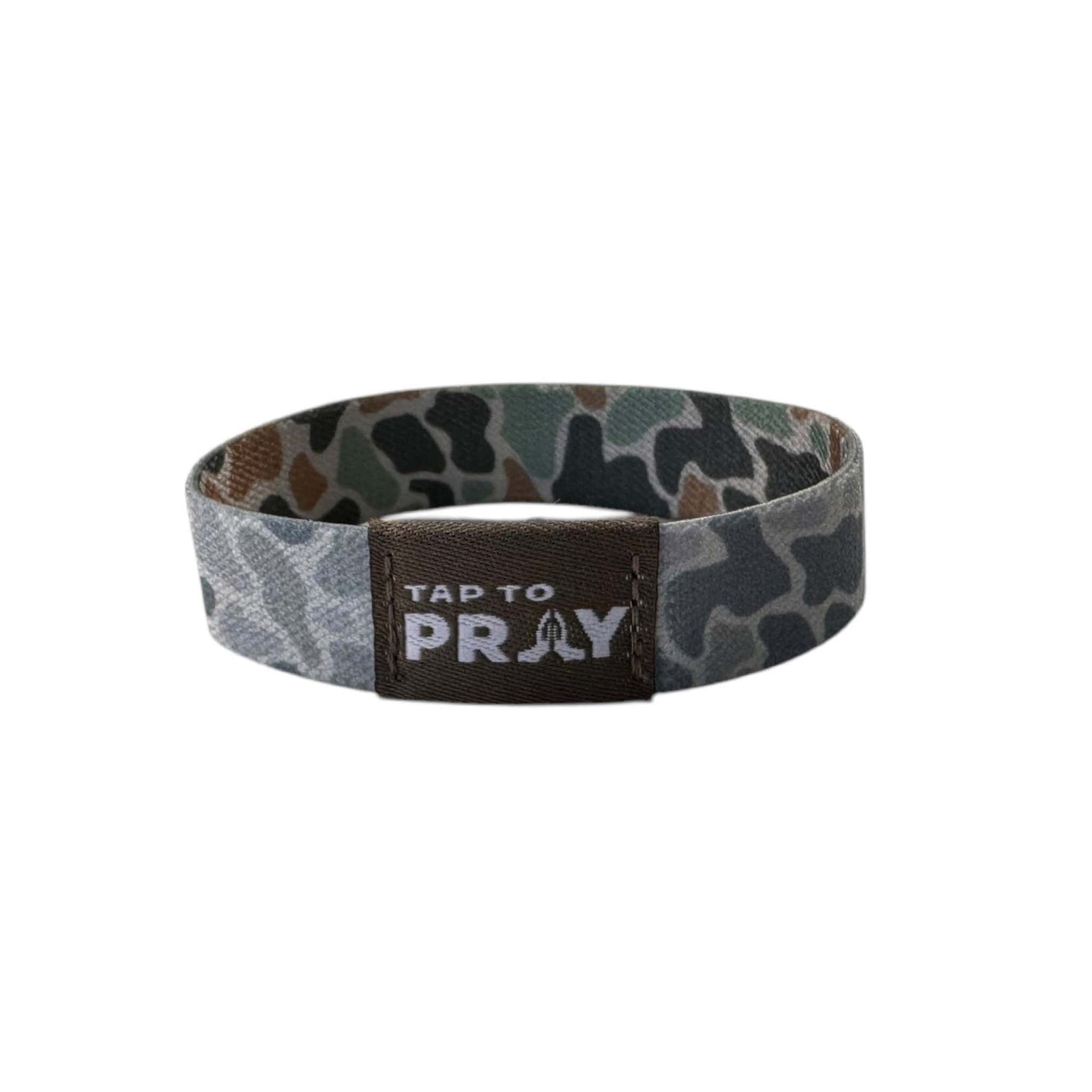 Camouflage-patterned wristband with 'Tap to Pray' text on a white background