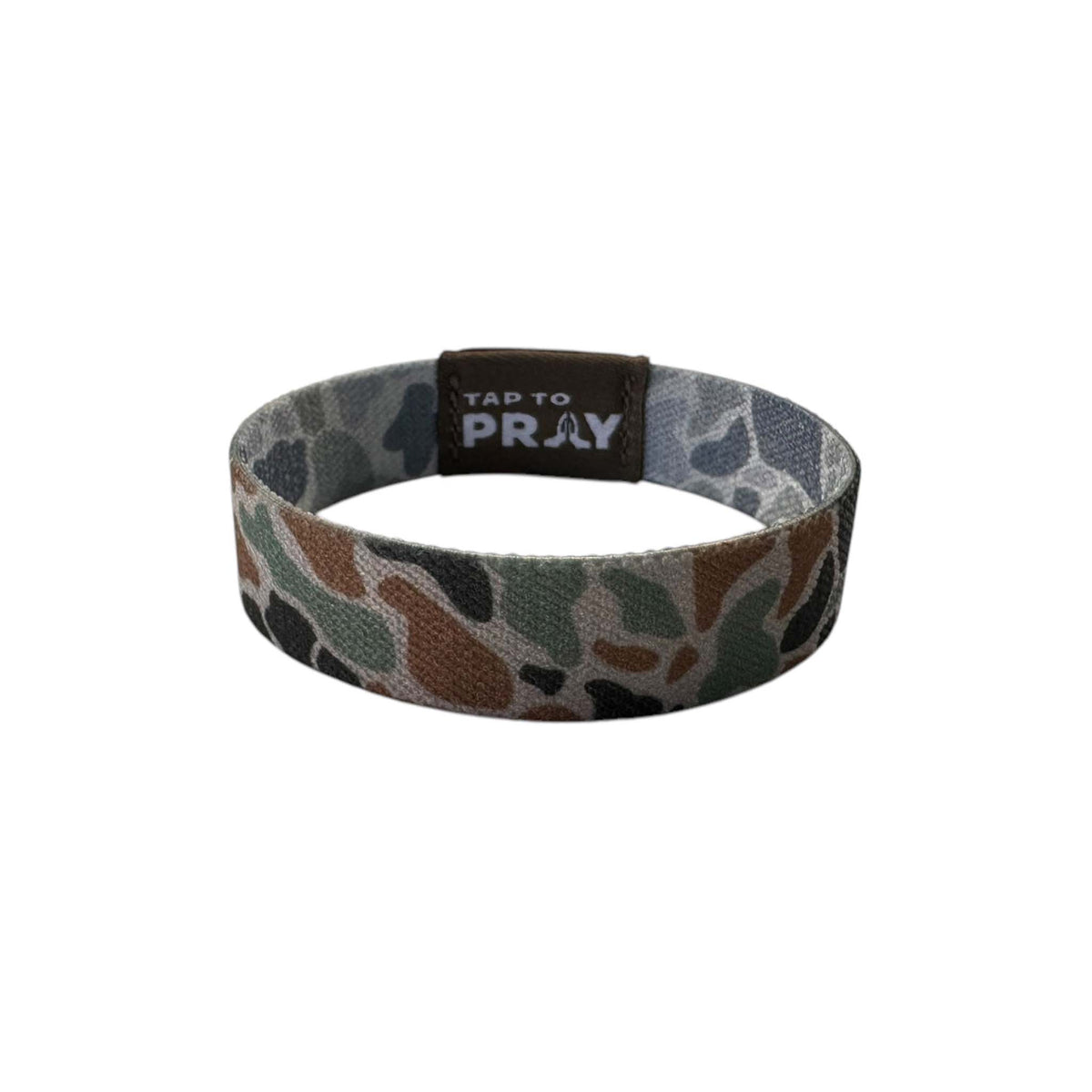 Camouflage-patterned wristband with 'Tap to Pray' text on a white background