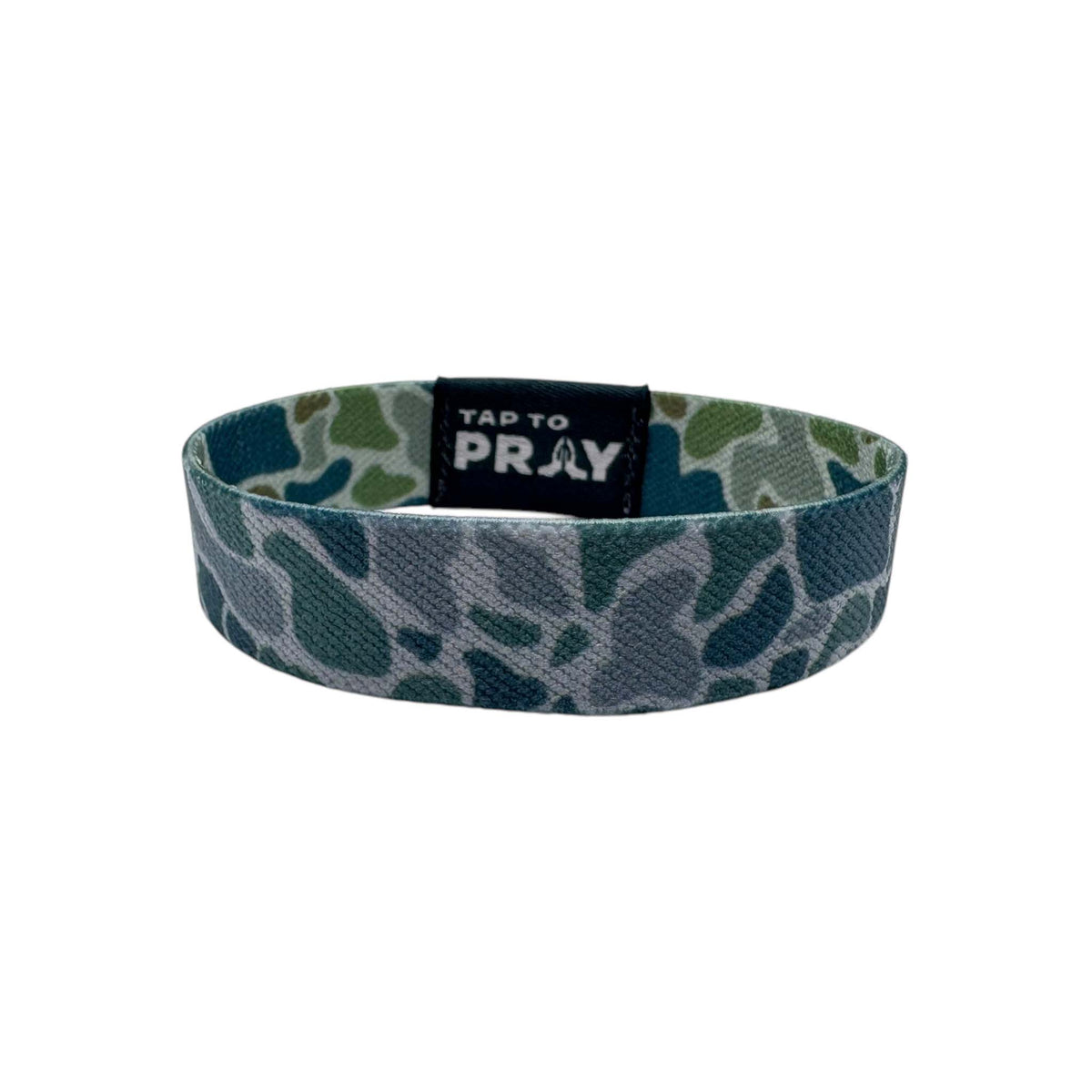 Camouflage-patterned wristband with 'Tap to Pray' text on a white background