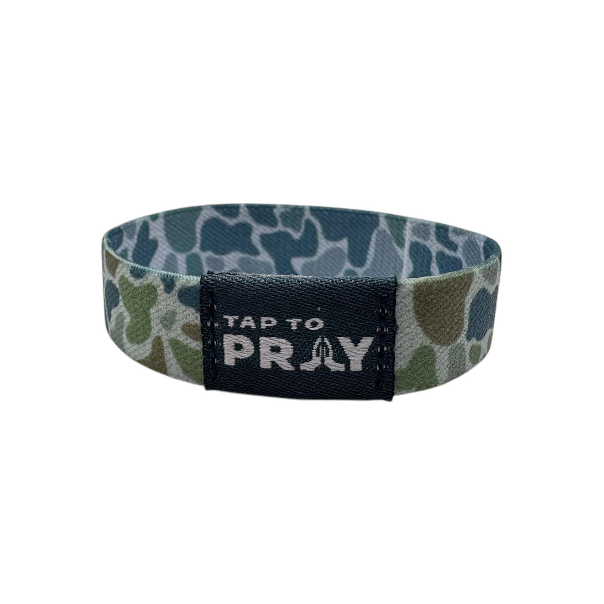 Camouflage-patterned wristband with 'Tap to Pray' text on a white background