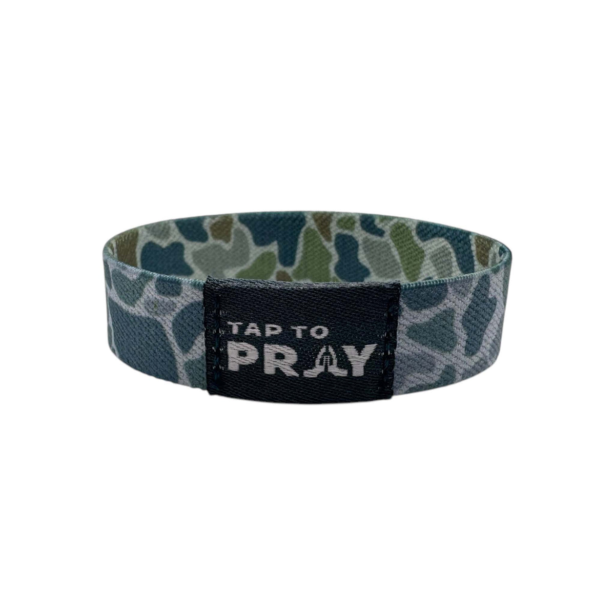Camouflage-patterned wristband with 'Tap to Pray' label on a white background