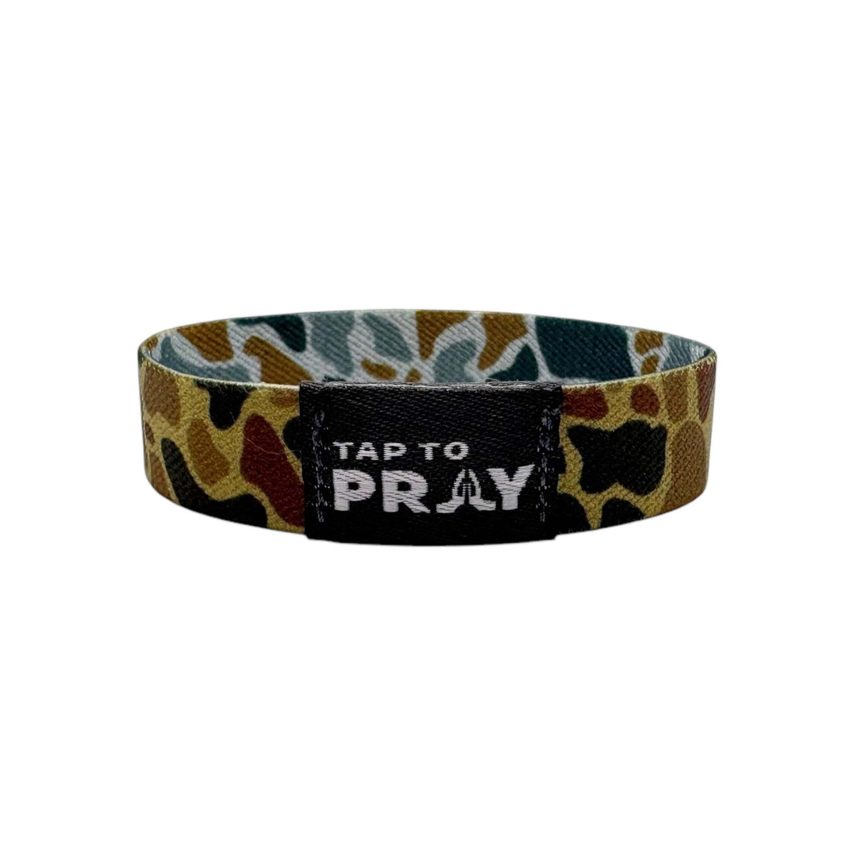 Wristband with camouflage pattern and 'Tap to Pray' text on a white background
