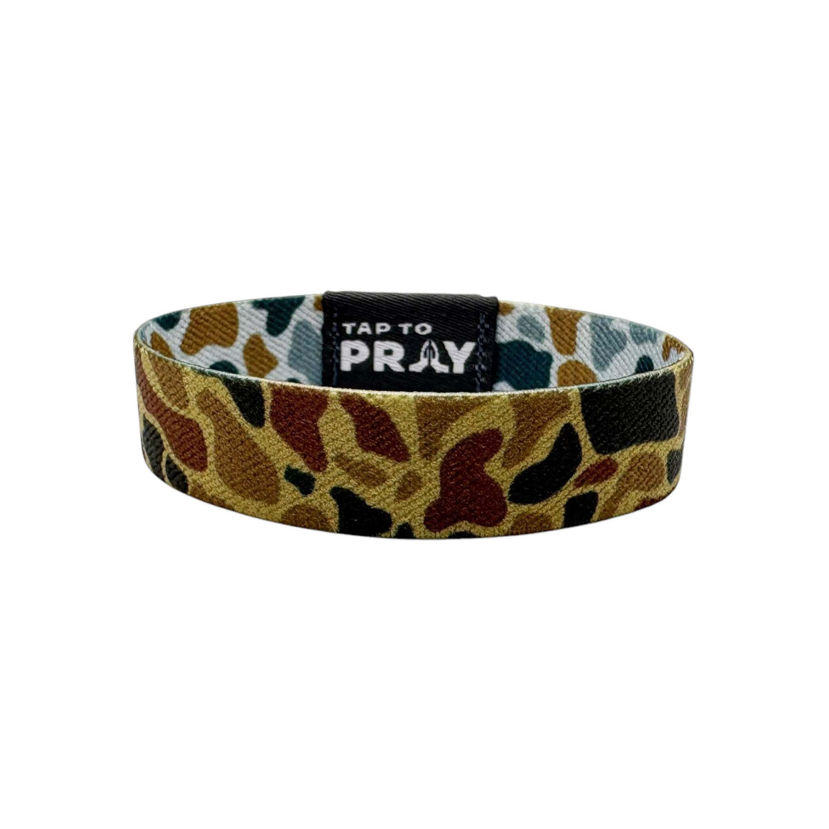 Wristband with a pattern and 'Tap to Pray' label on a white background