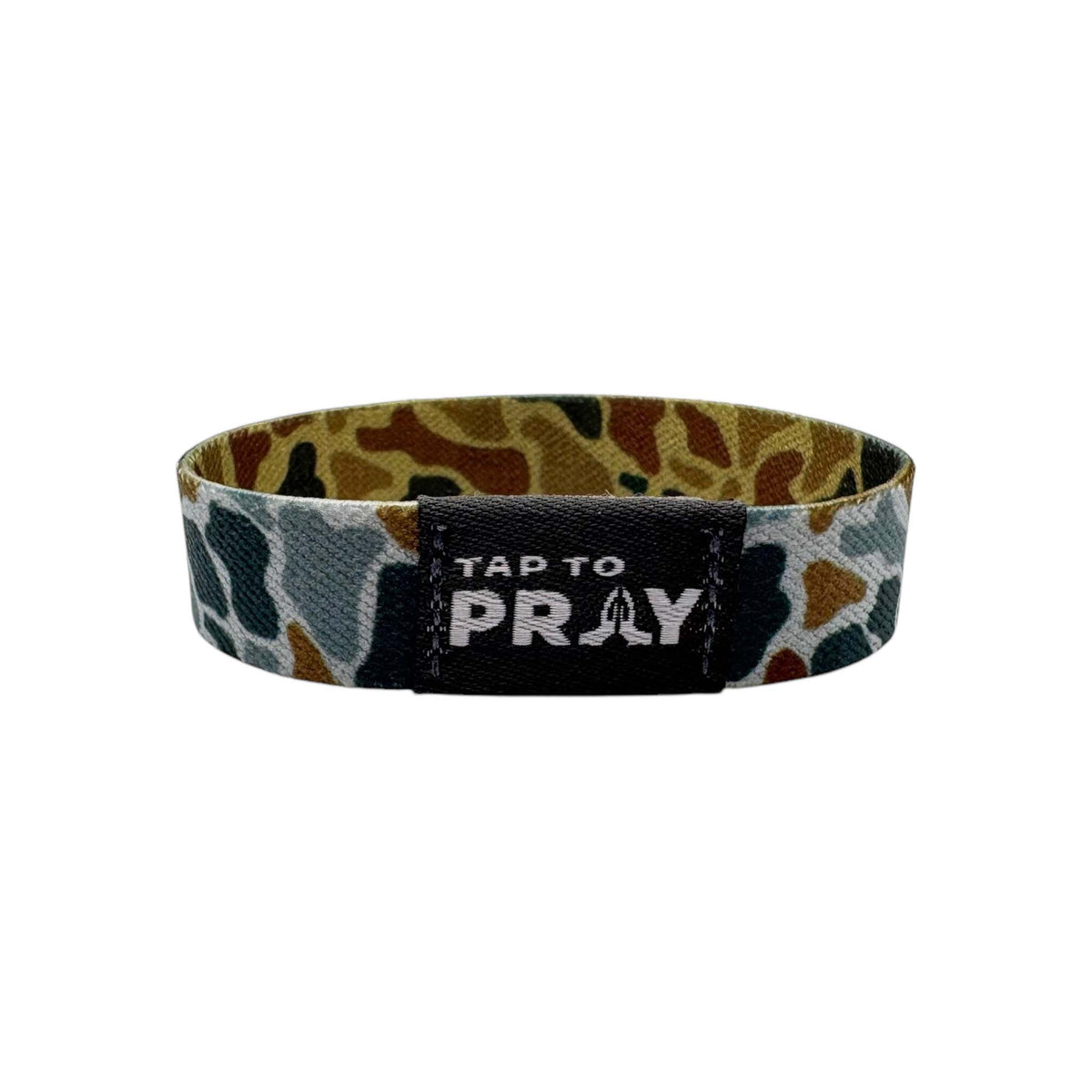Multicolored wristband with 'Tap to Pray' text on a white background