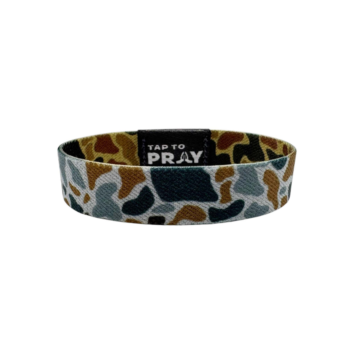 Wristband with camouflage pattern and 'Tap to Pray' text on a white background