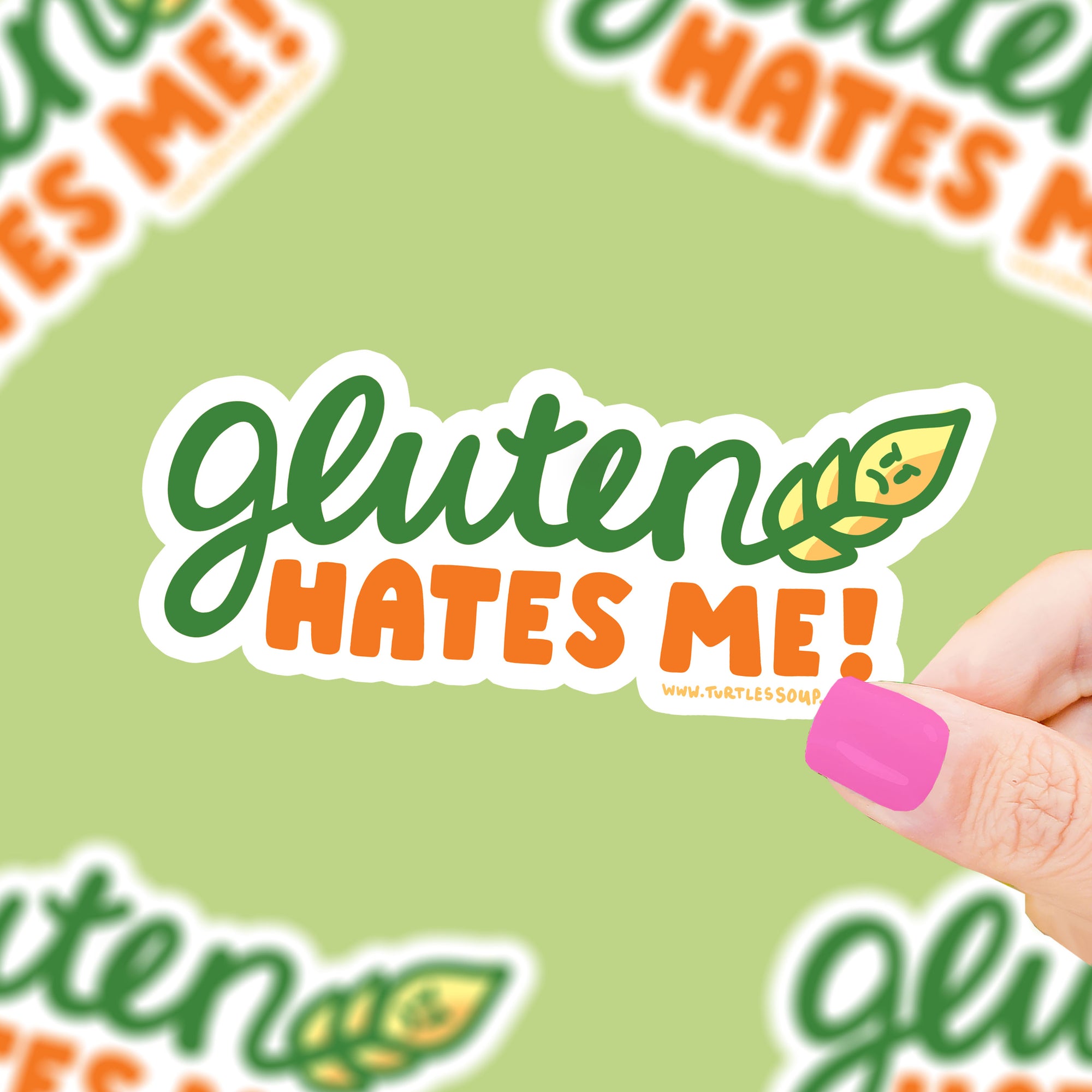 Sticker with 'Gluten Hates Me!' text on a green background