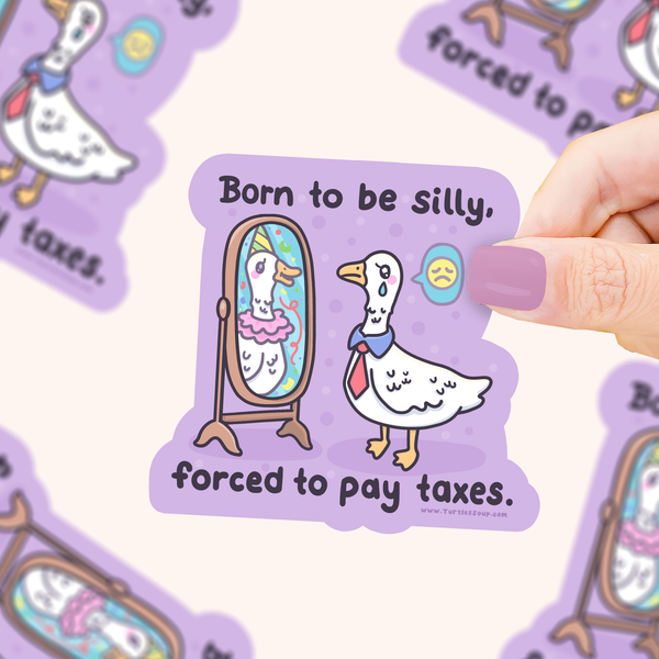 Sticker with a goose character and text, held by a hand against a matching purple background.