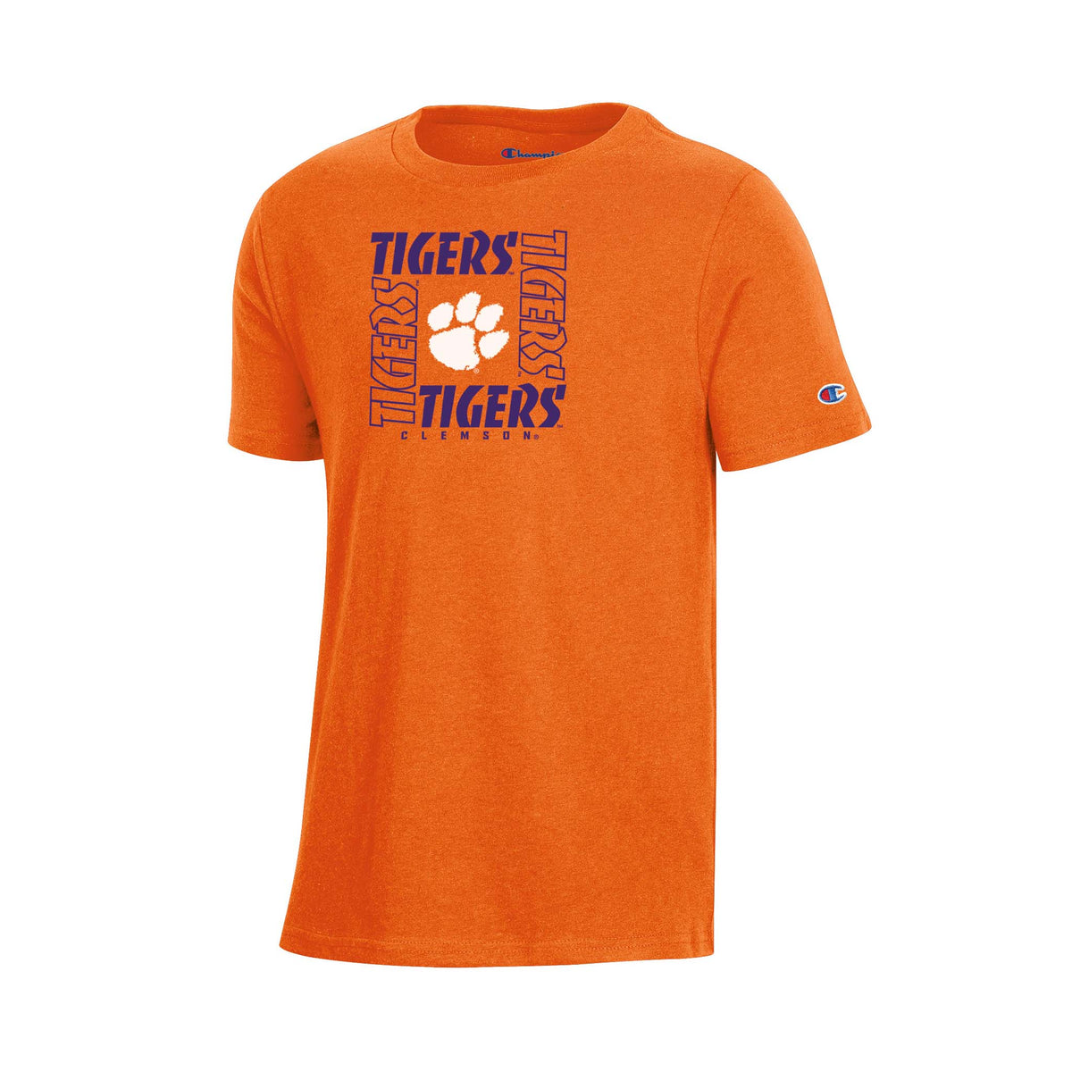 Orange Clemson Tigers youth t-shirt with a square graphic featuring repeated purple "TIGERS" text and a white paw logo in the center.