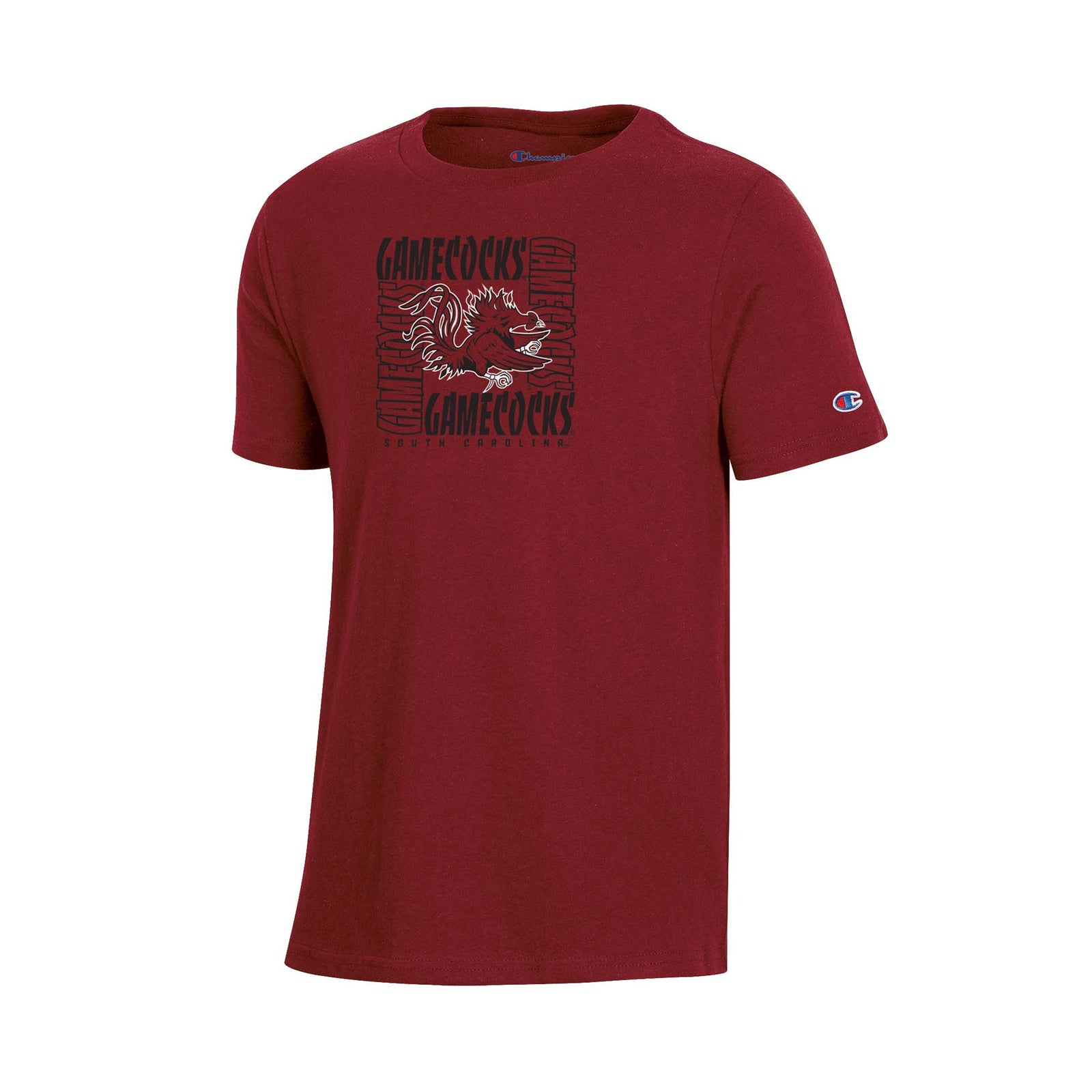 Garnet South Carolina Gamecocks youth t-shirt with repeated “GAMECOCKS” text and a detailed Gamecock mascot in the center.