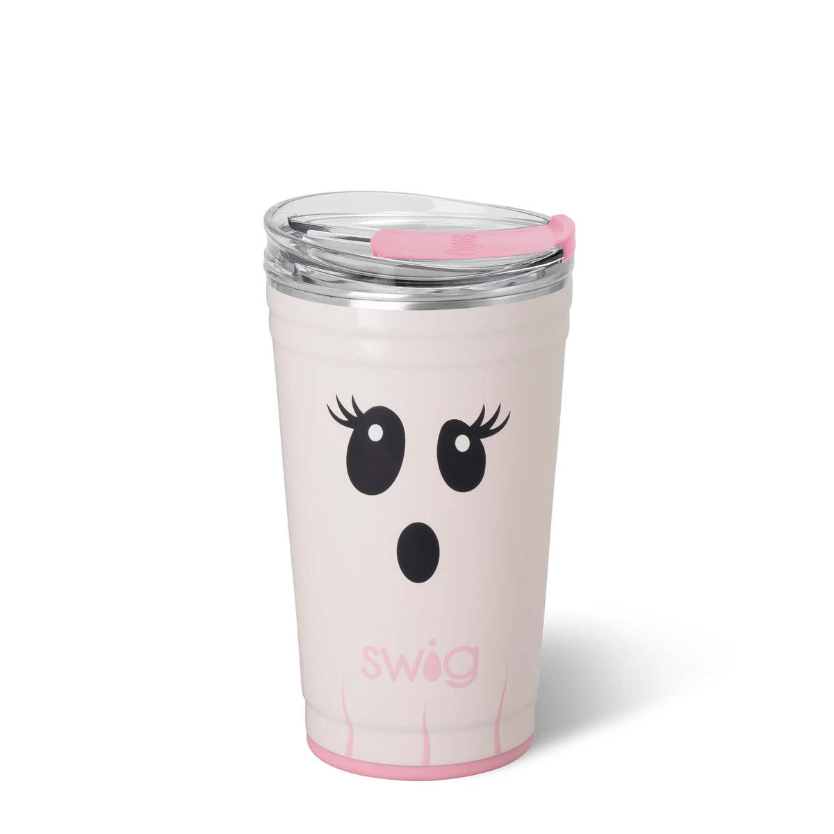 Swig 24oz Party Cup in Boo Crew Ghost with black ghost face and pink details shown with clear lid and pink slider.