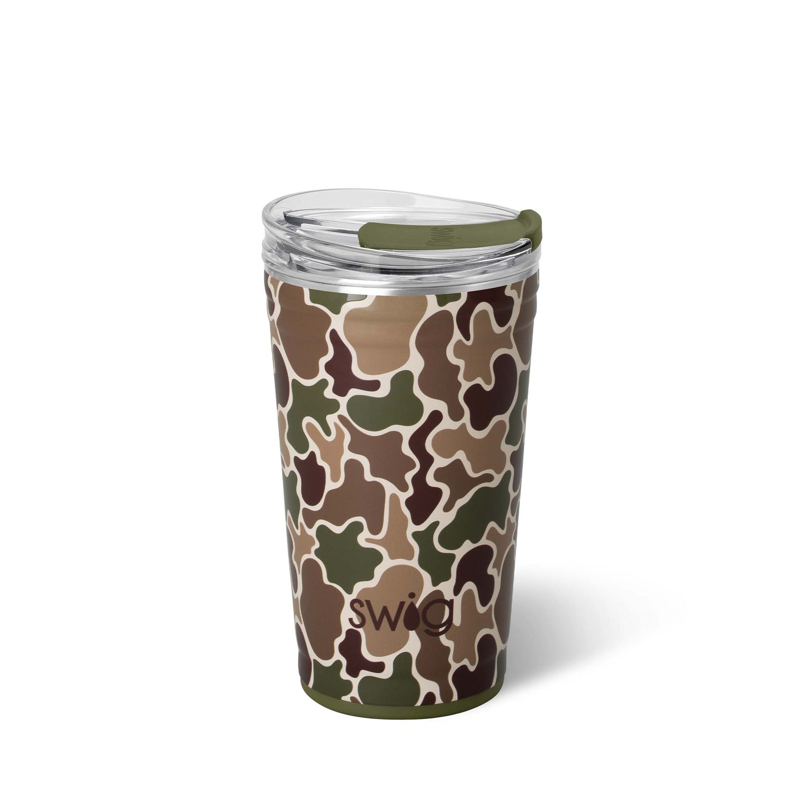 Swig Life party cup in Hunting Camo pattern featuring green, brown, and tan abstract camo shapes, shown with clear slider lid.