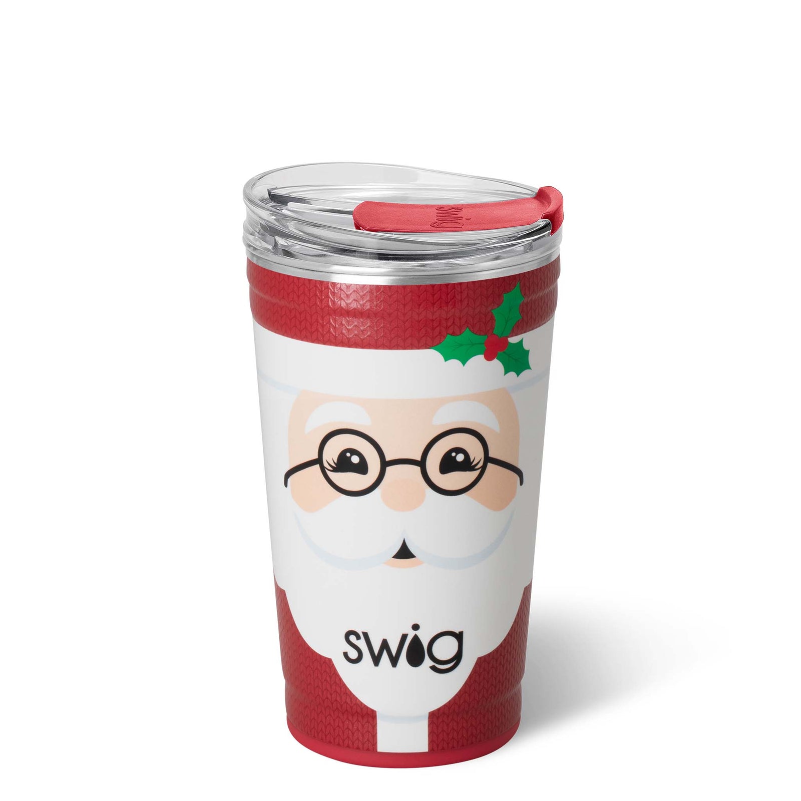 Tumbler with Santa Claus design and 'swig' branding on a white background