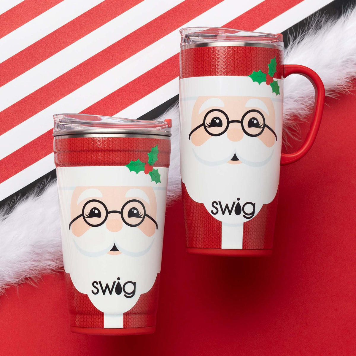 Two Santa-themed tumblers with 'swig' branding on a red background.