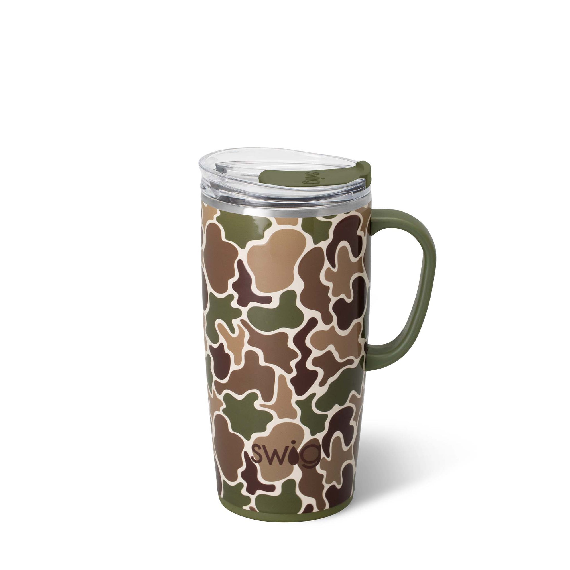 Swig Life 22oz travel mug with handle in Hunting Camo pattern featuring green, brown, and tan abstract camo shapes, shown with clear slider lid.