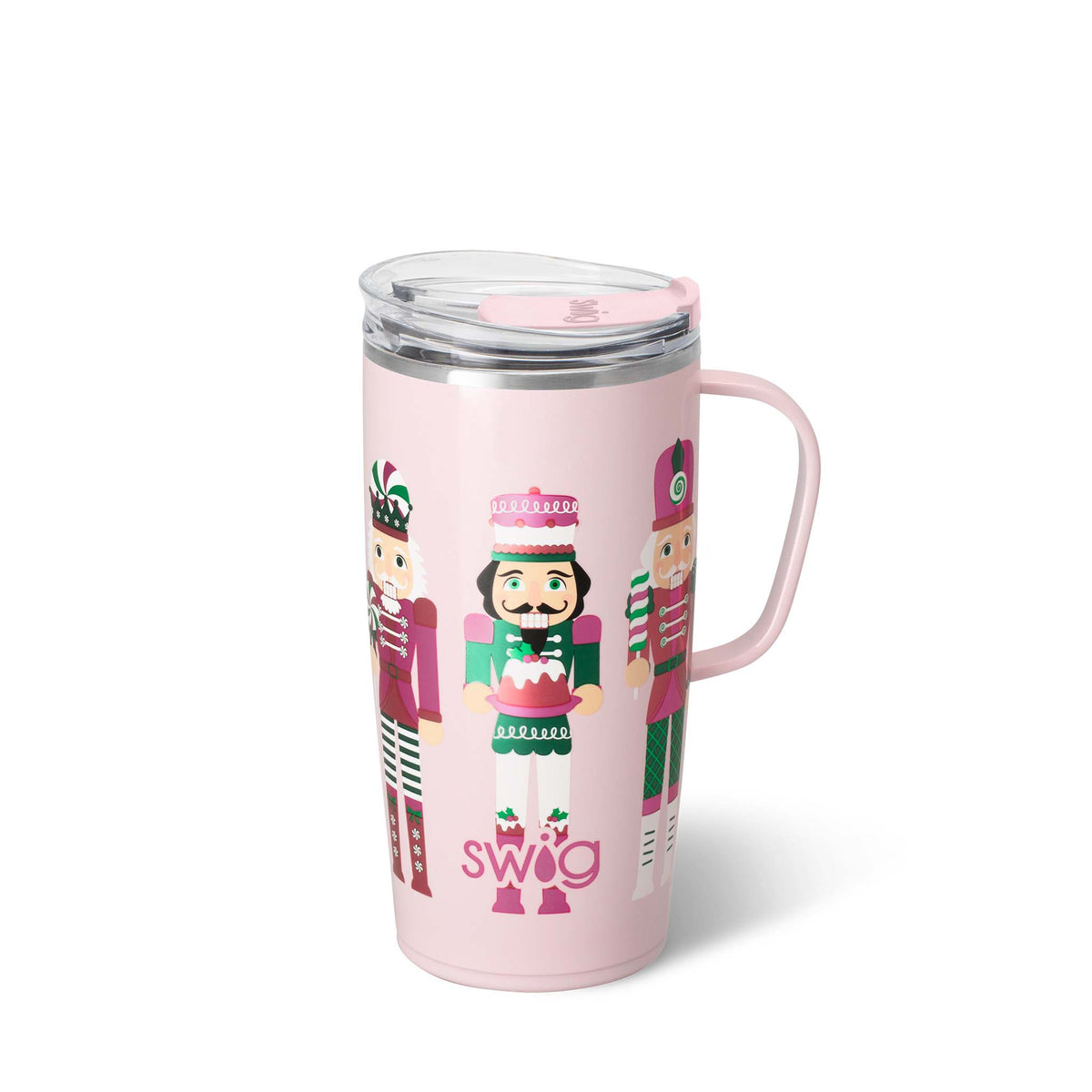 Pink tumbler with nutcracker design and 'swig' text on a white background