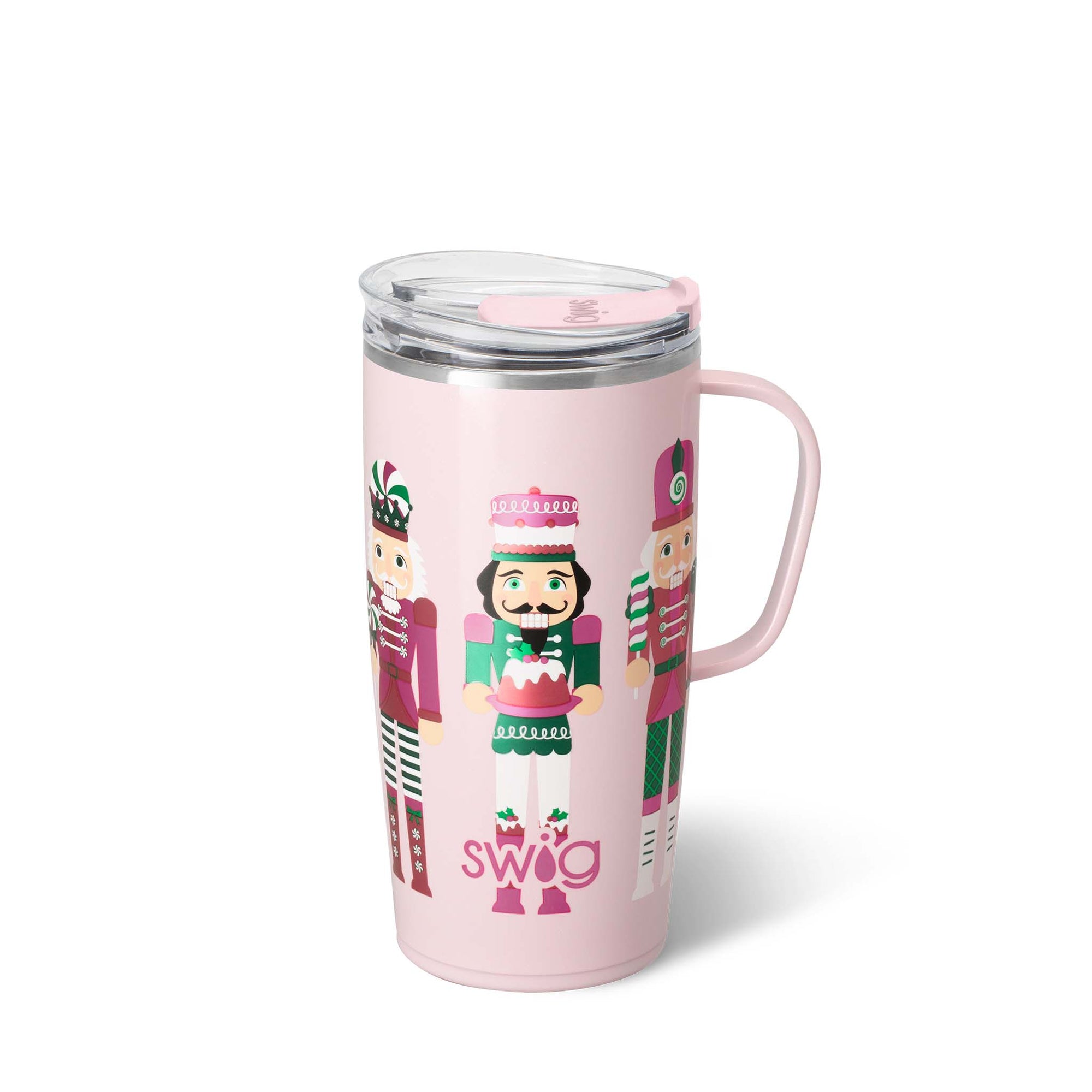 Pink tumbler with nutcracker design and 'swig' text on a white background
