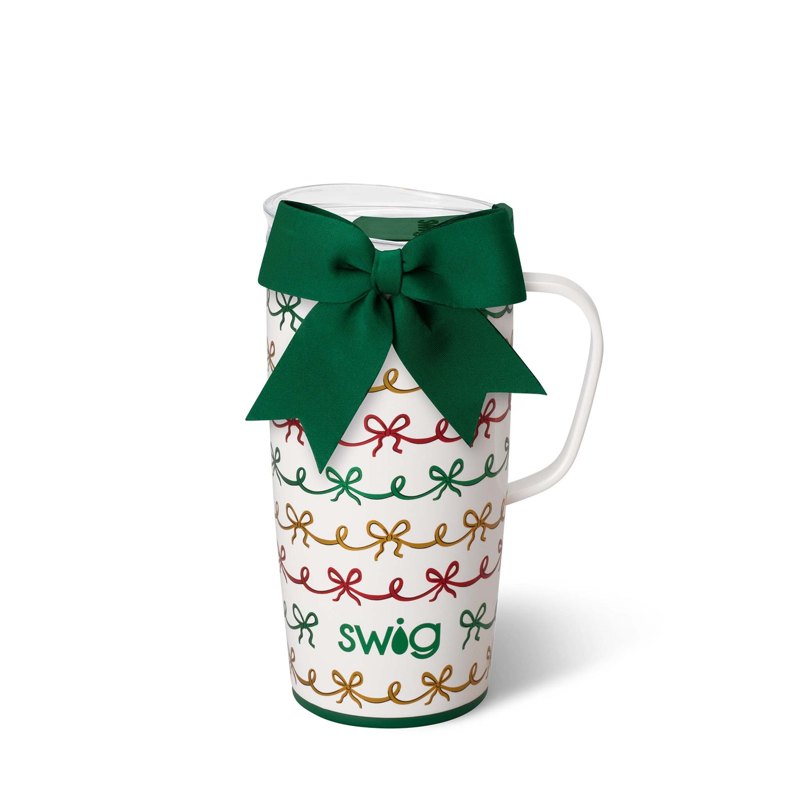 White mug with colorful bow patterns and a green bow, featuring the 'swig' brand on a white background.