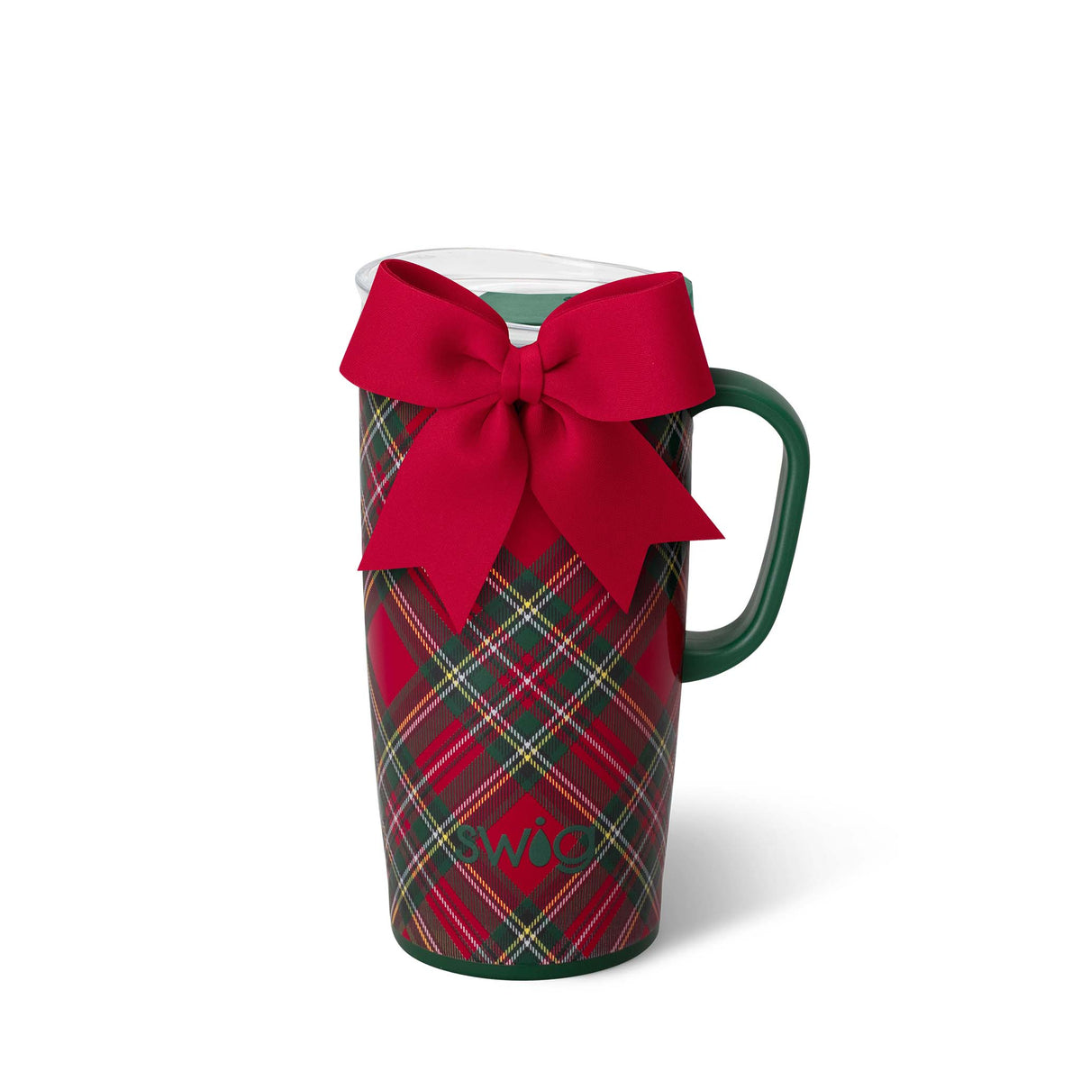Plaid mug with a red bow on a white background