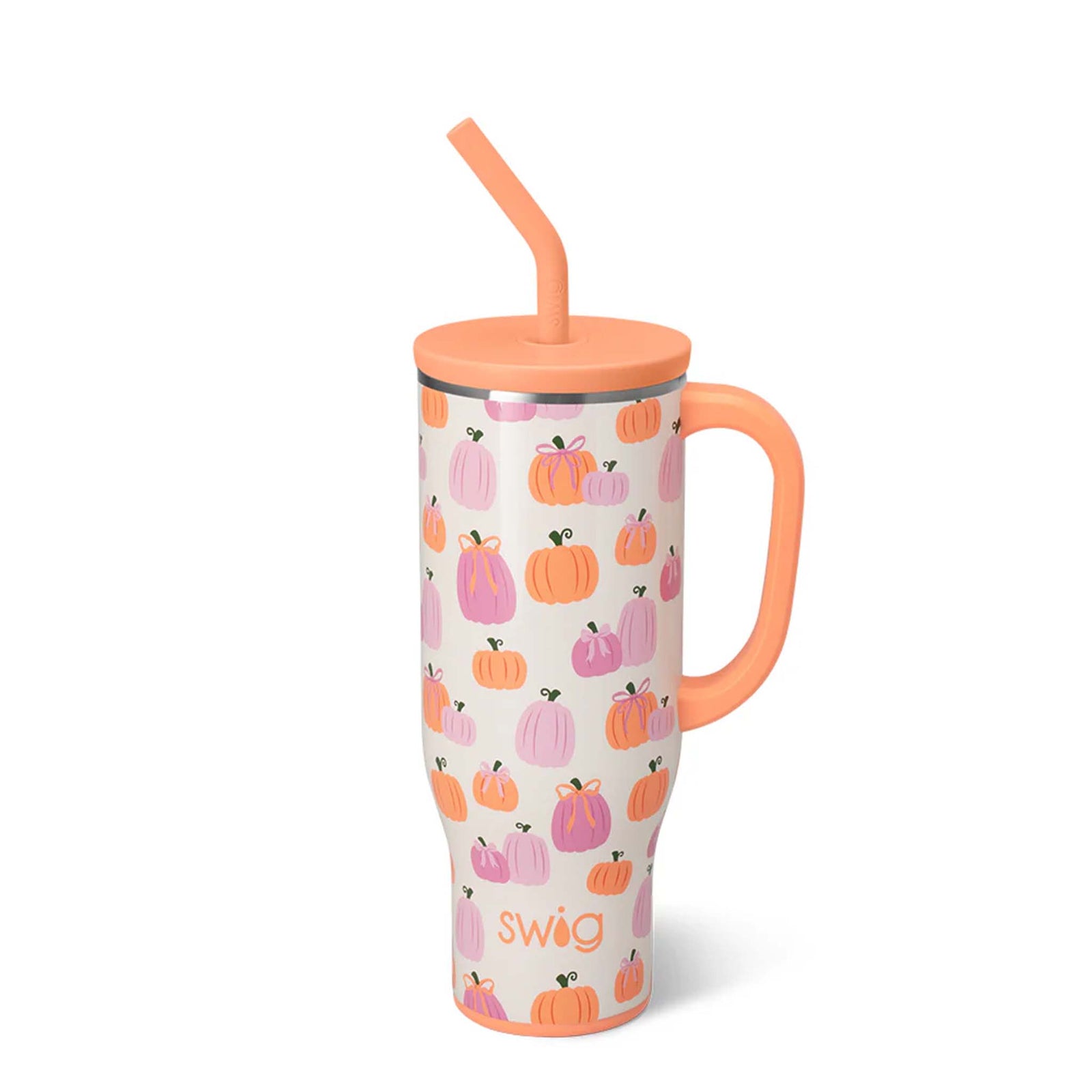 Swig Life 30oz Mega Mug in Pumpkins and Bows print with handle and silicone straw lid.