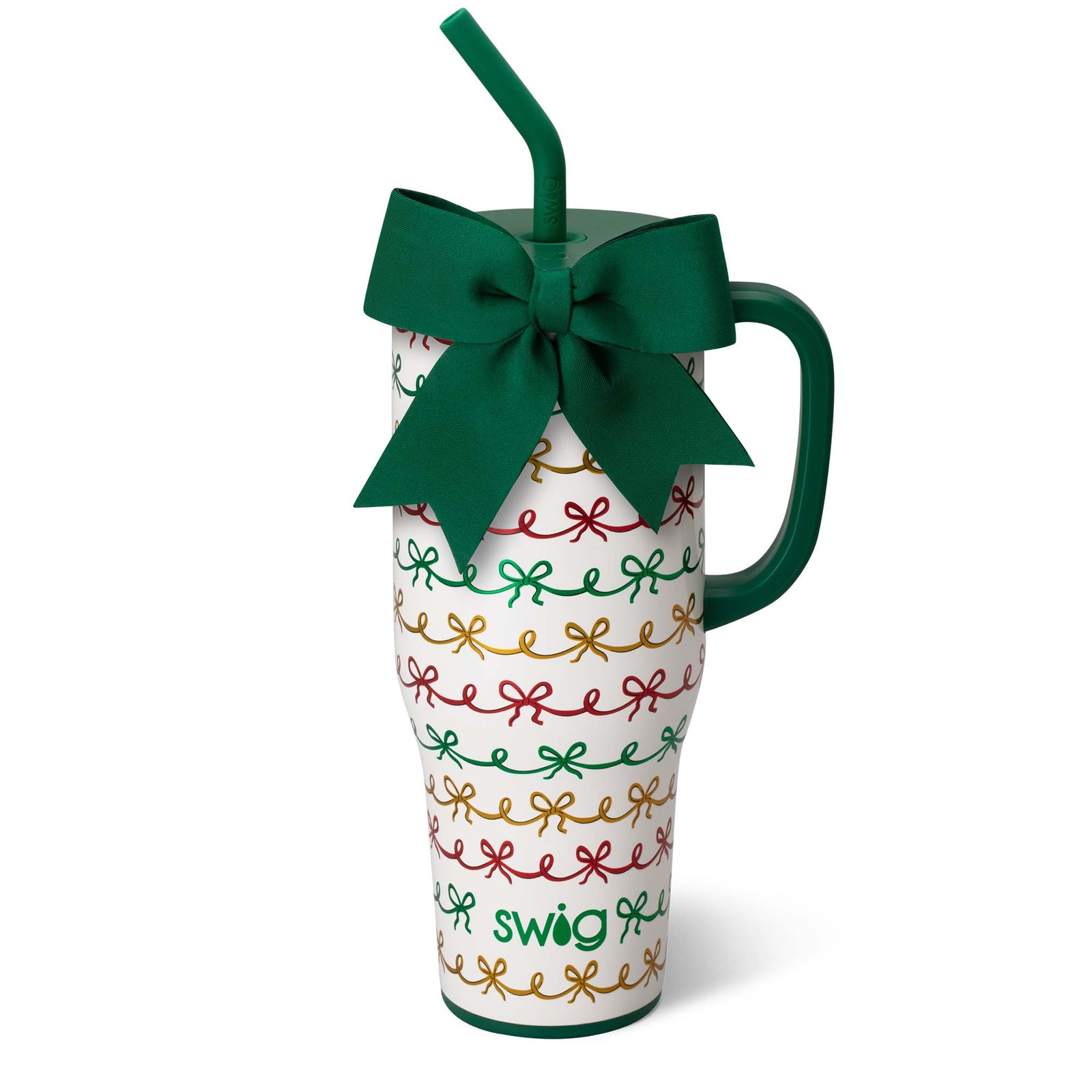 White mug with colorful bow pattern, green handle, and straw, tied with a green bow on a white background.