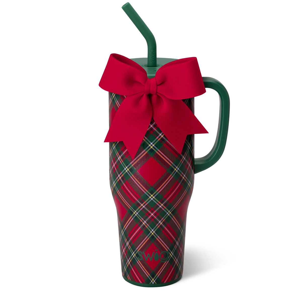 Red and green plaid mug with a large red bow and straw on a white background