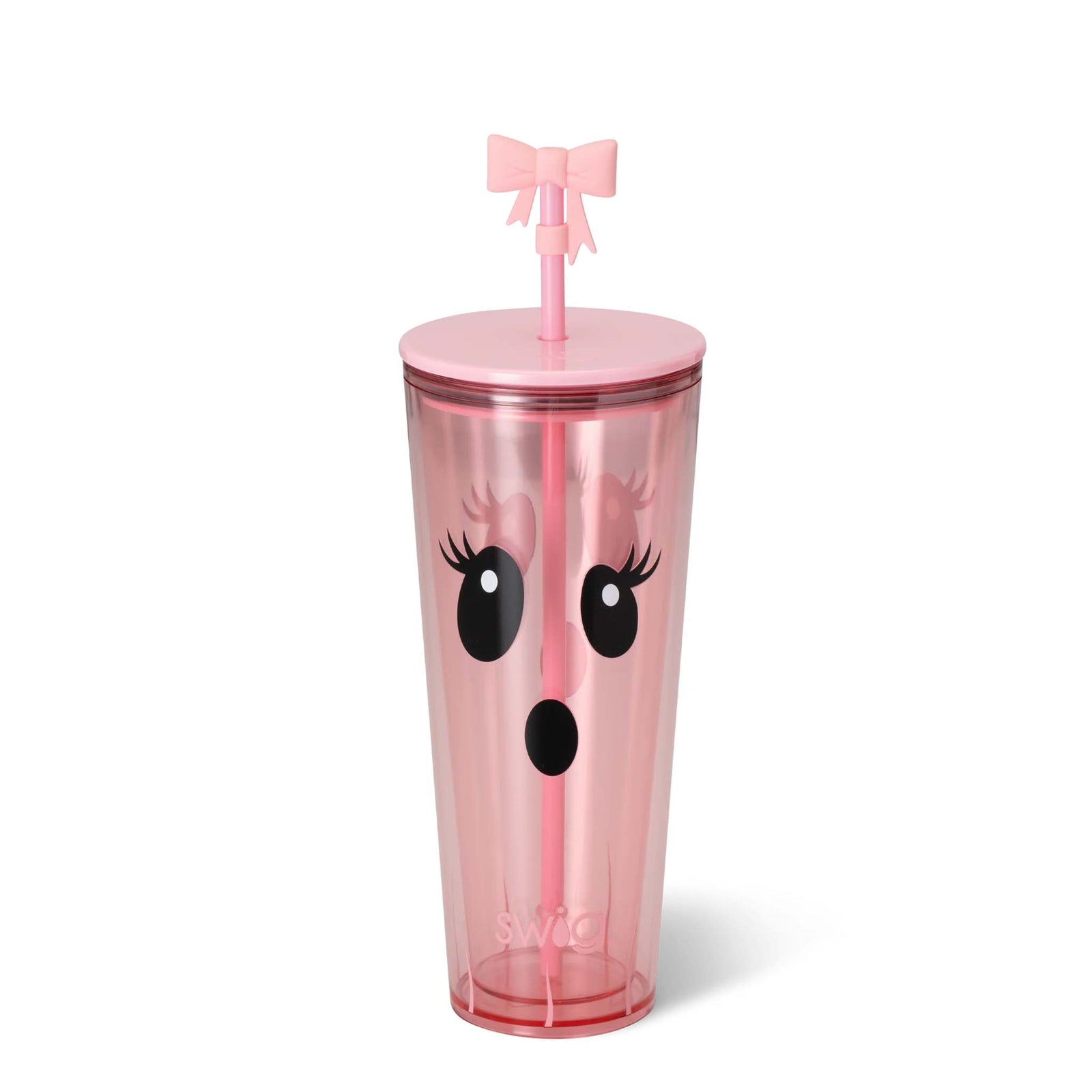 Swig 24oz plastic tumbler in Boo Crew Ghost with pink ghost face design, pink lid, matching straw, and bow topper.
