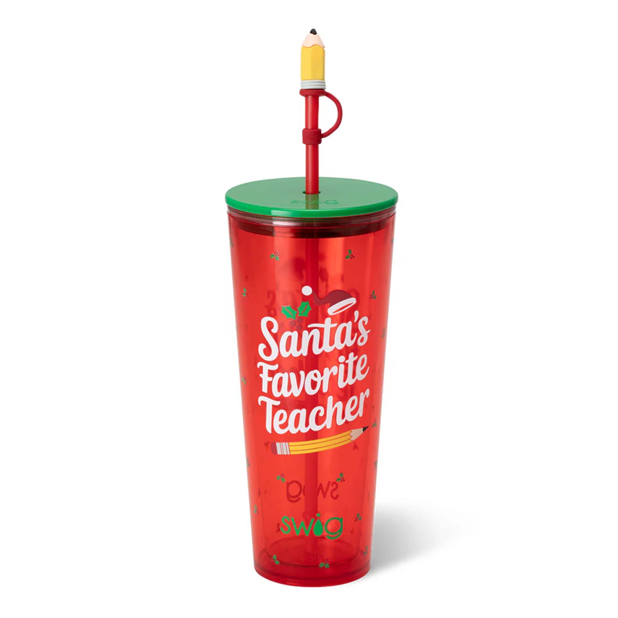 Red tumbler with 'Santa's Favorite Teacher' text and pencil design on a white background