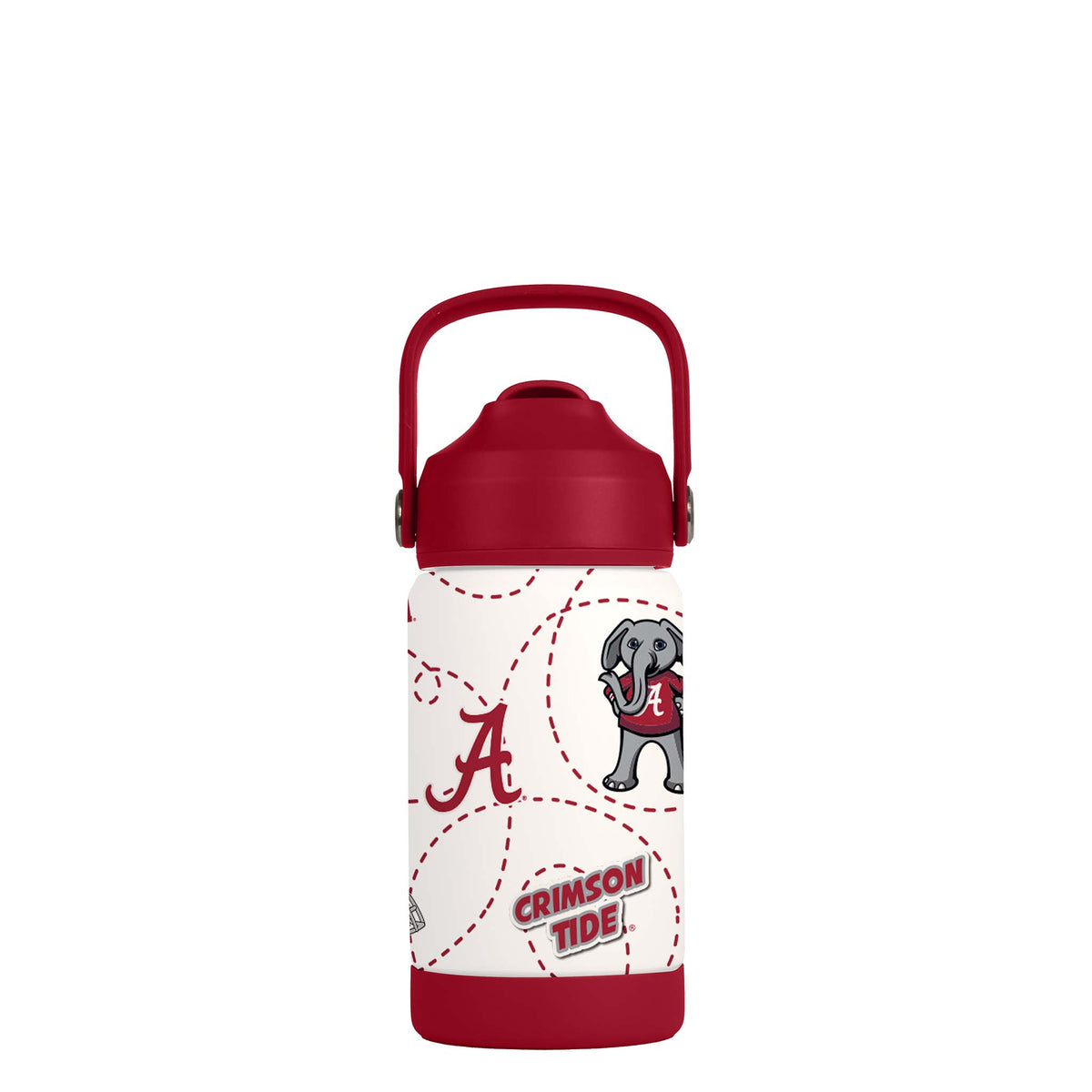 Alabama 12oz kids' water bottle with red carry handle, Big Al mascot, "A" logo, and "Crimson Tide" graphic on a white background with crimson accents.