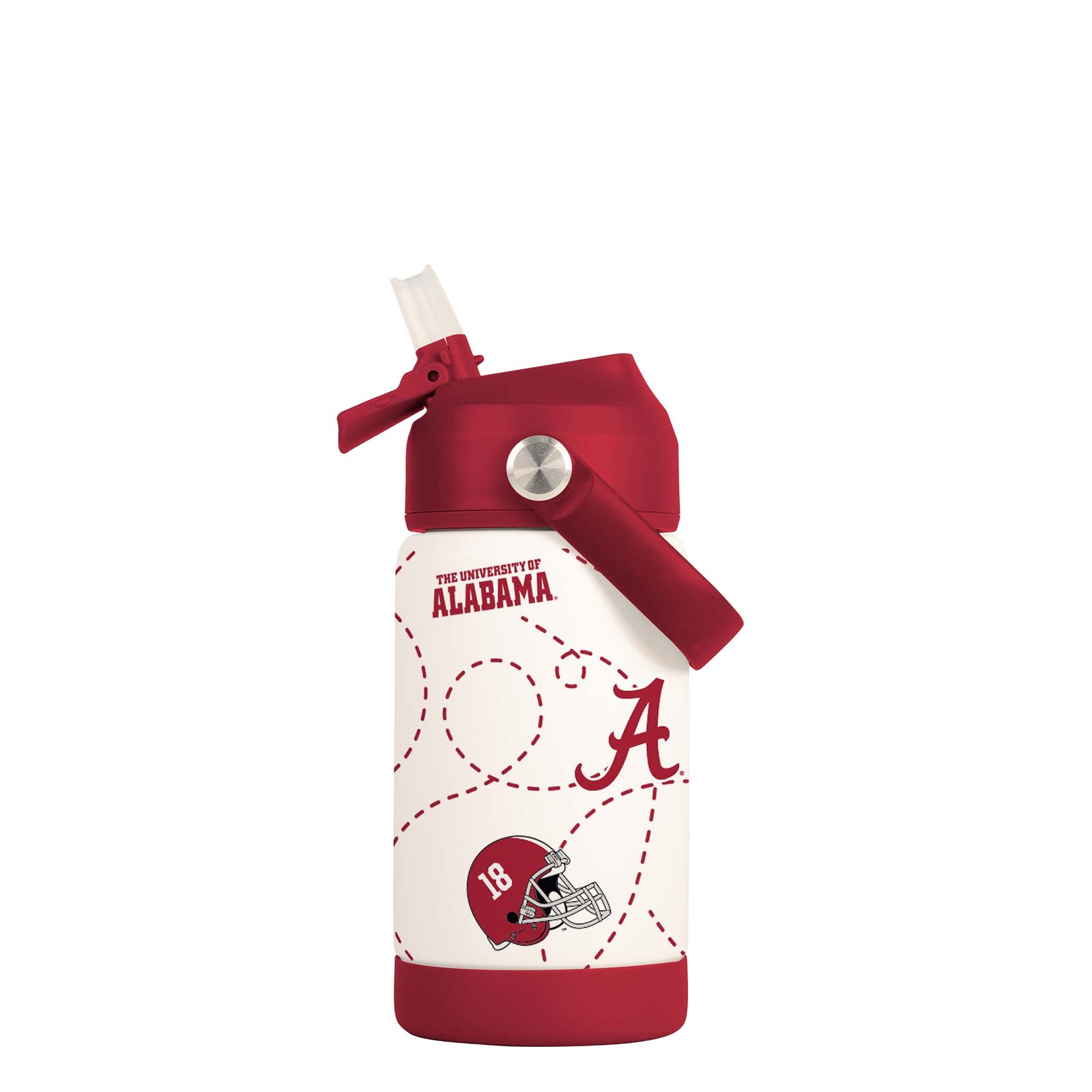 Alabama 12oz kids' water bottle with flip-up straw lid, featuring a red helmet, "A" logo, and football-themed graphics on a white and crimson body.