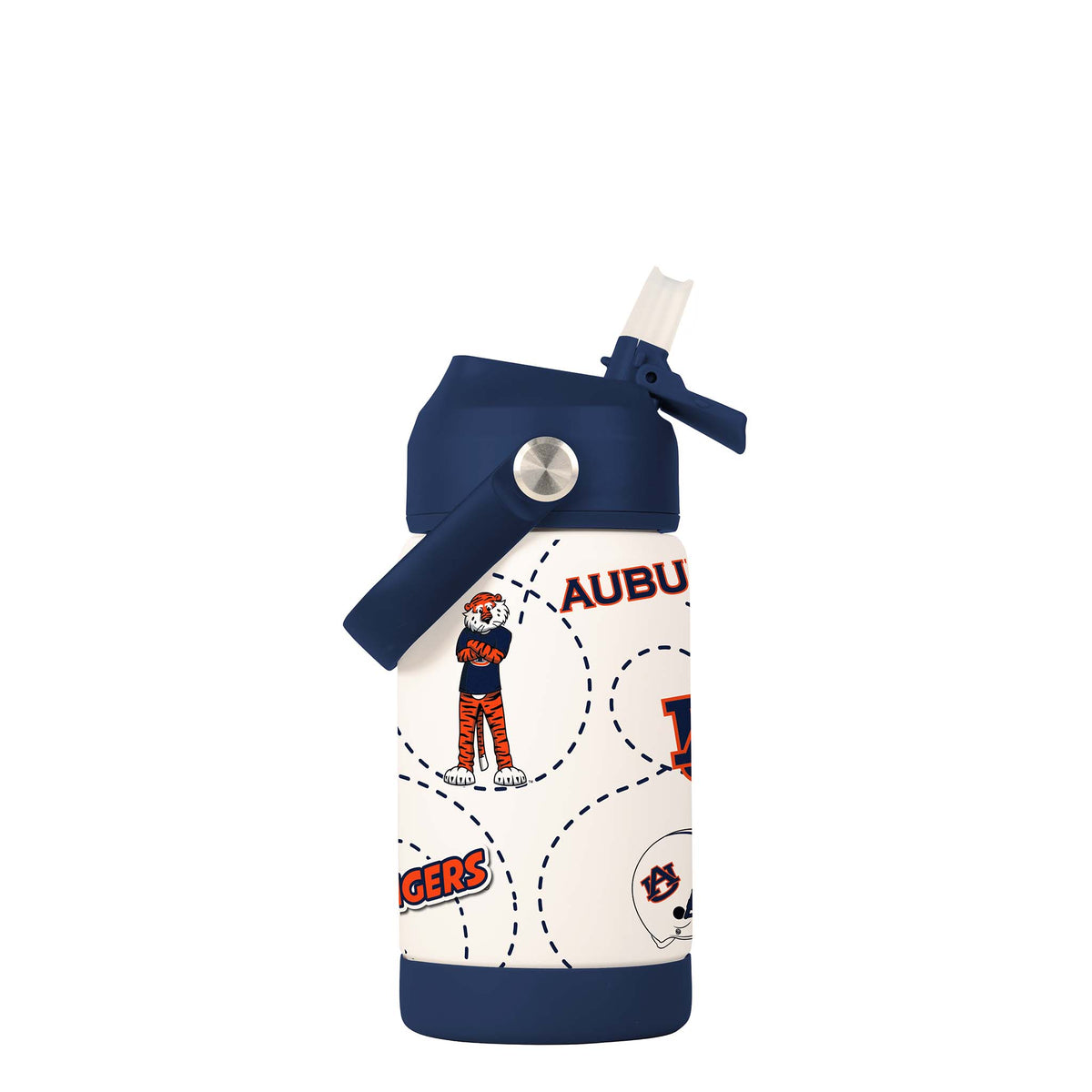 Auburn 12oz kids' water bottle with navy carry handle, Aubie the tiger mascot, "Auburn" text, and playful dotted football graphics on a white background.