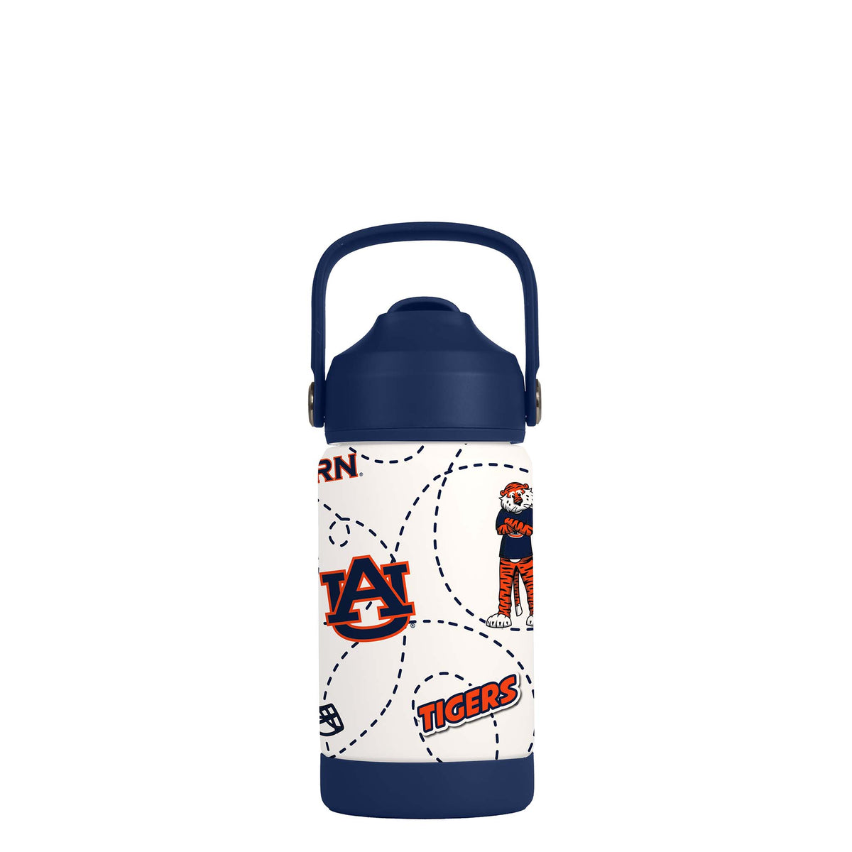 Auburn 12oz kids' water bottle with navy carry handle, Aubie the tiger mascot, "Auburn" text, and playful dotted football graphics on a white background.