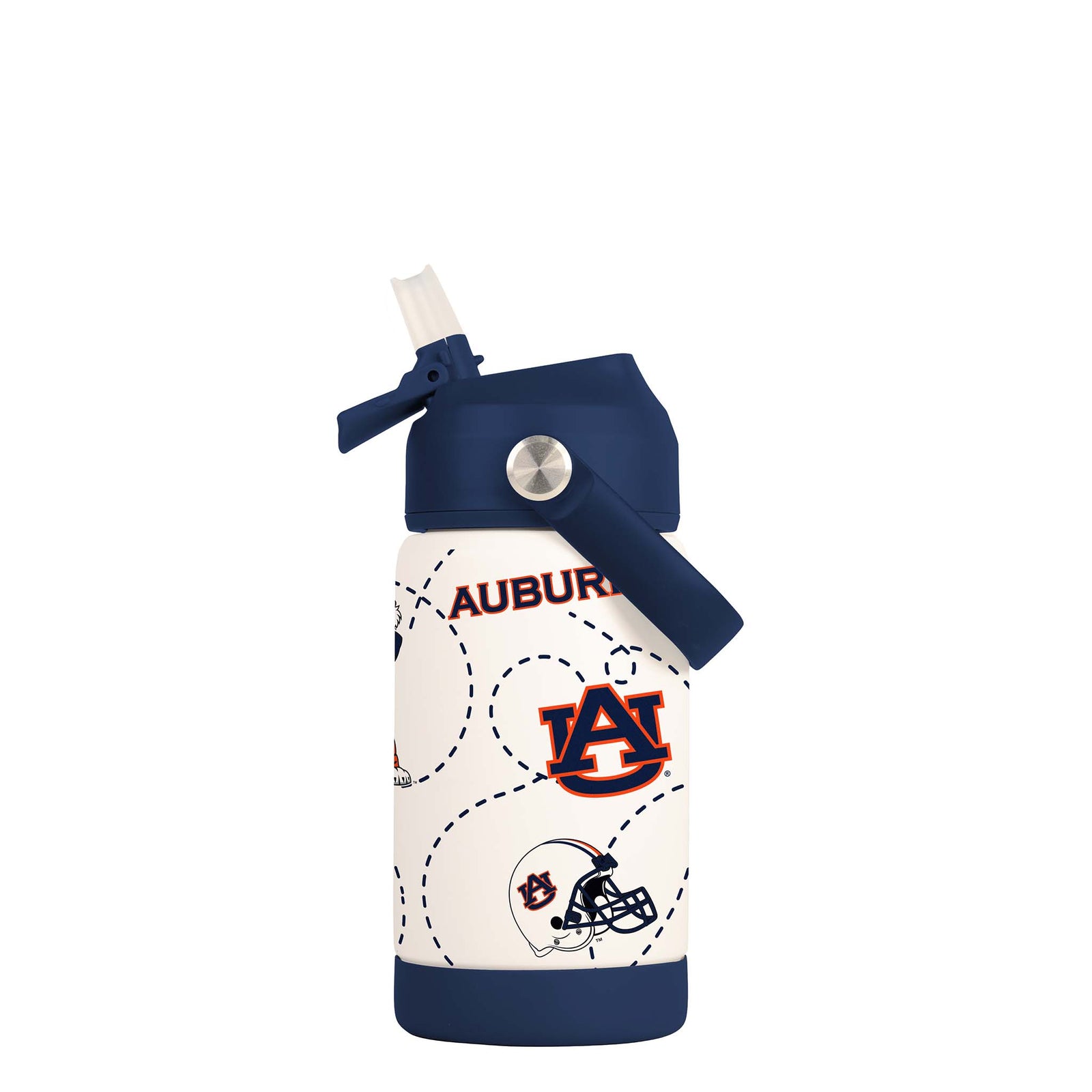 Auburn 12oz kids' water bottle with flip-up straw lid, featuring Auburn helmet, "Auburn Tigers" text, and football-themed graphics on a white and navy bottle.