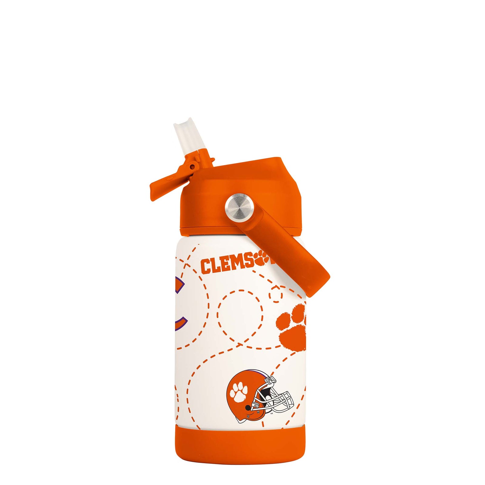 Clemson 12oz kids' water bottle with flip-up straw lid, Clemson Tiger helmet, “Clemson” text, and football-themed design on a white and orange bottle.