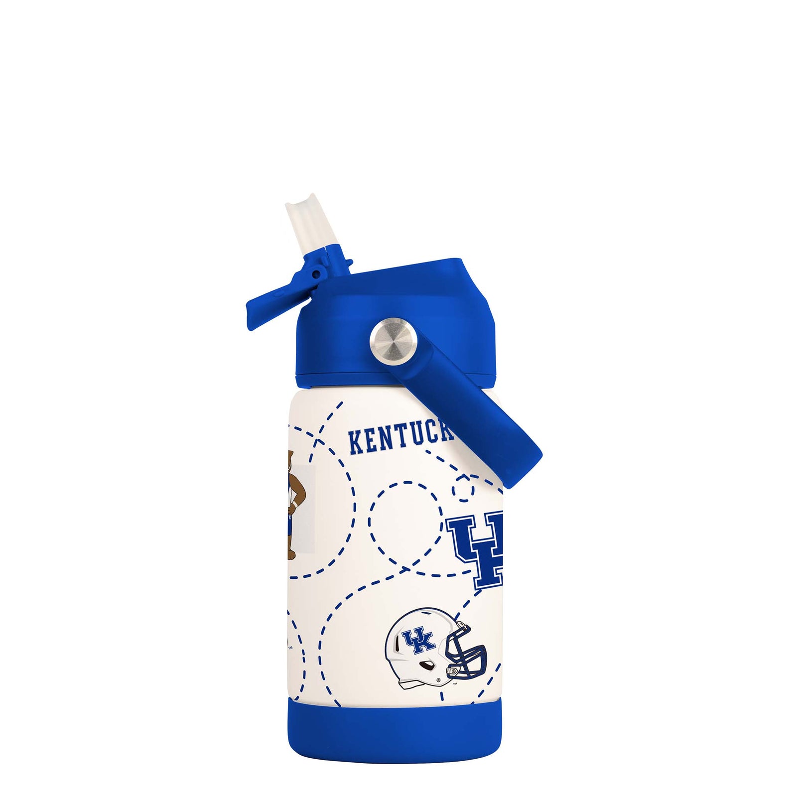 Kentucky 12oz kids’ water bottle with blue carry handle, UK Wildcat mascot, logos, and dashed football line design on white background.