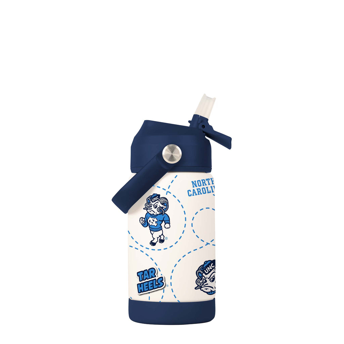 UNC 12oz kids’ water bottle with blue handle, Tar Heel mascot, team logos, and football yard line graphics on white body.