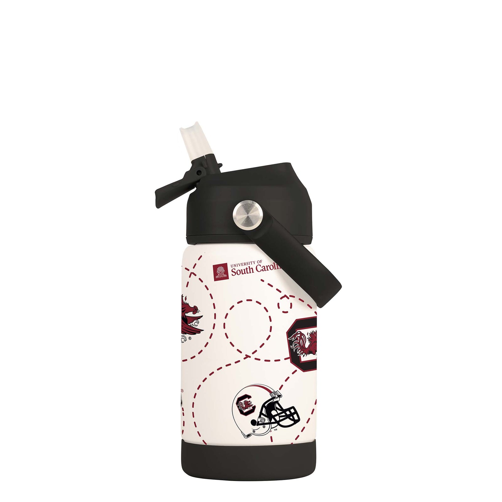University of South Carolina 12oz kids’ water bottle with flip-up straw lid, Cocky mascot, football graphics, and garnet-and-black team colors.