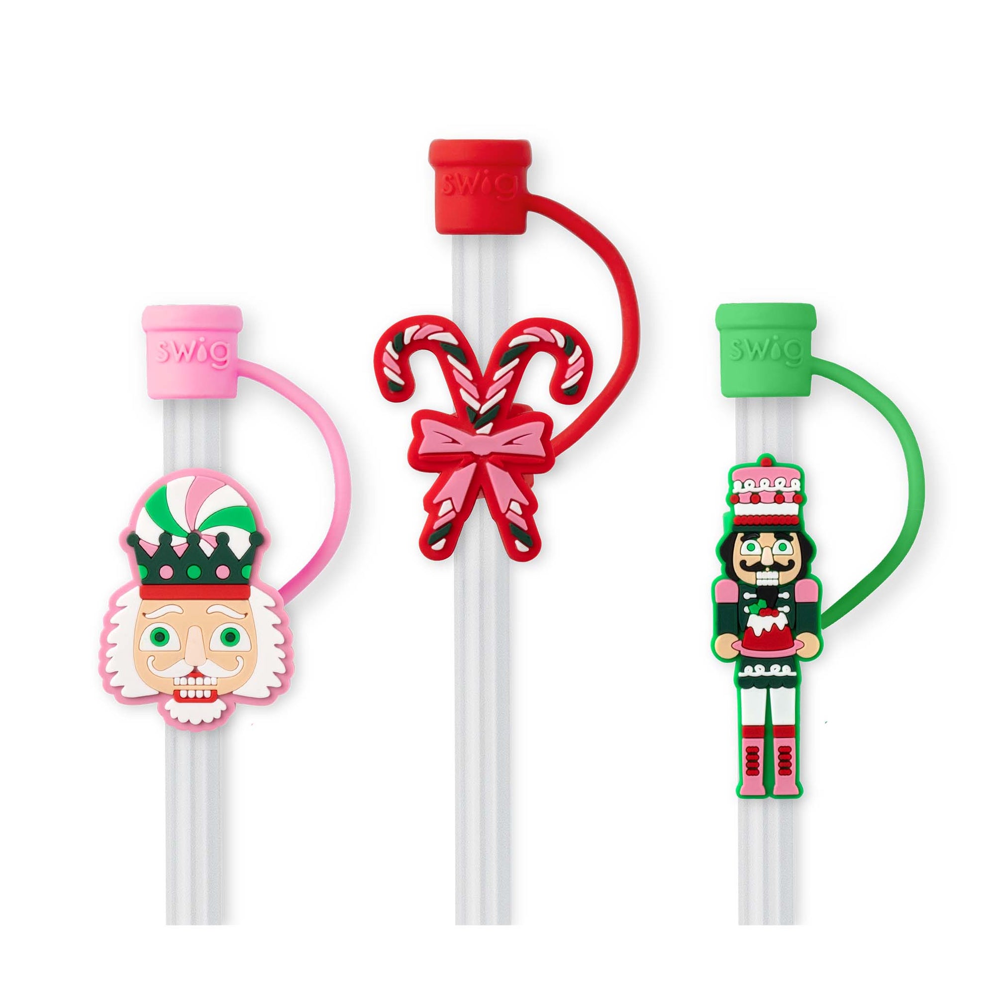 Three swig straws with colorful character straw toppers