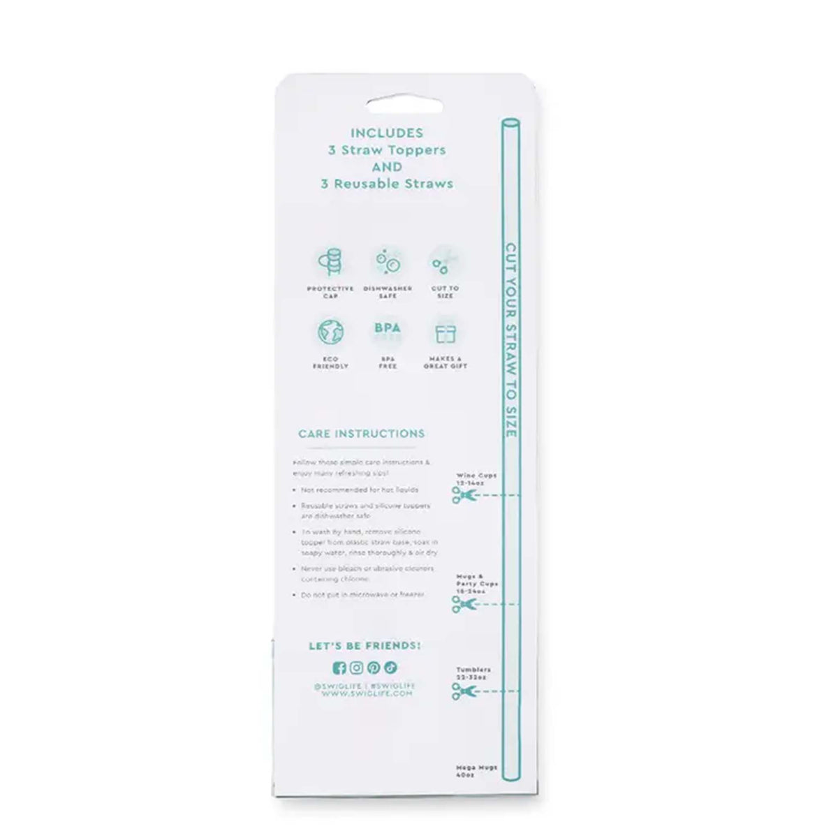 Back view of Swig Life Pumpkin and Bows straw toppers packaging with care instructions and cut-to-size guide.