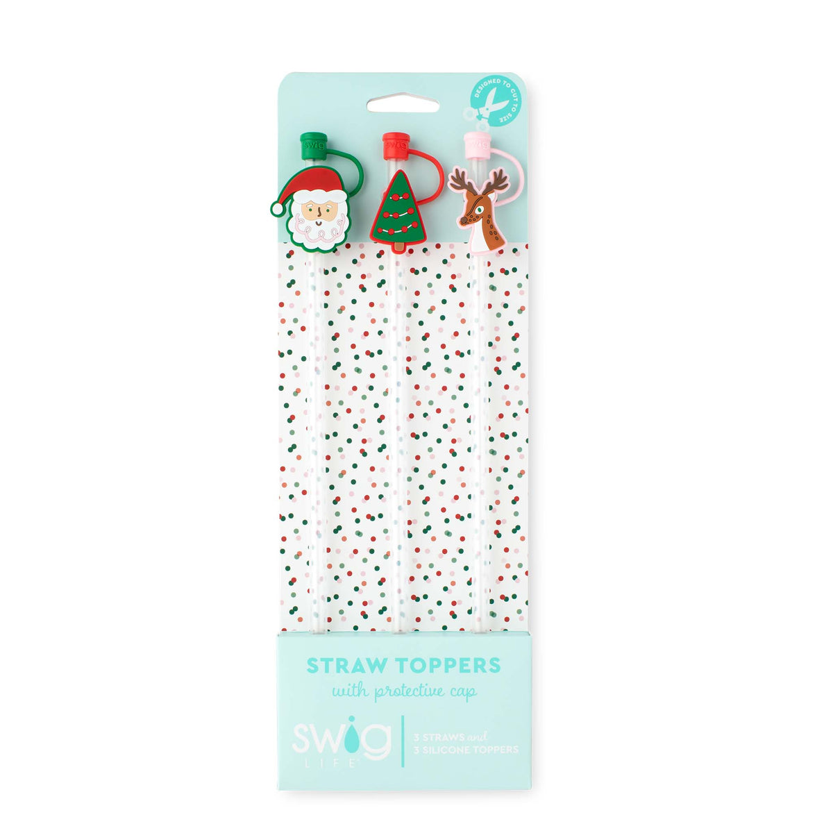 Packaged straw toppers with Christmas designs on a white background
