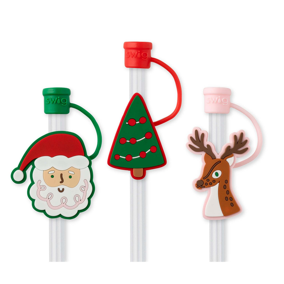 Set of three Christmas-themed straws with Santa Claus, Christmas tree, and reindeer designs on a white background.