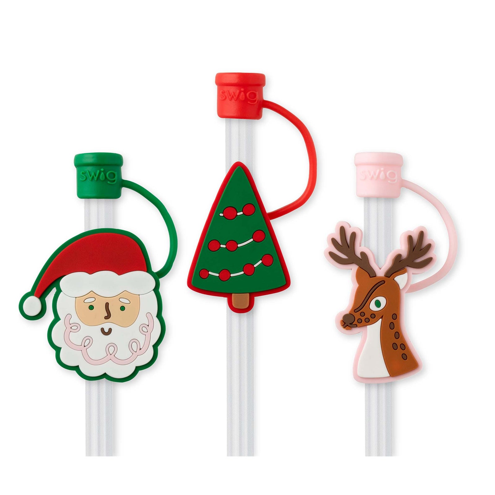 Set of three Christmas-themed straws with Santa Claus, Christmas tree, and reindeer designs on a white background.
